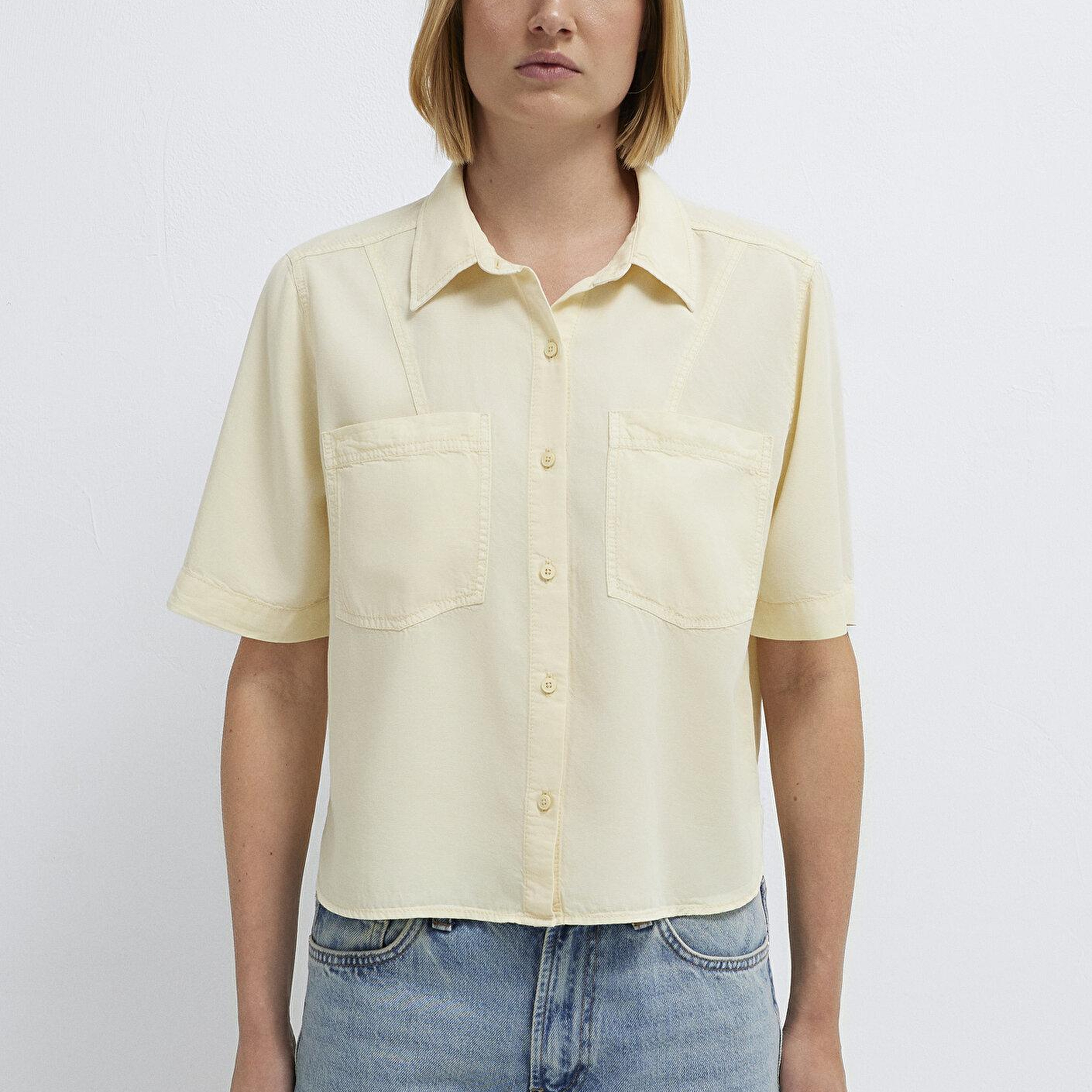 Mavi Sarı Crop Gömlek Loose Fit / Bol Rahat Kesim 1211458-89145