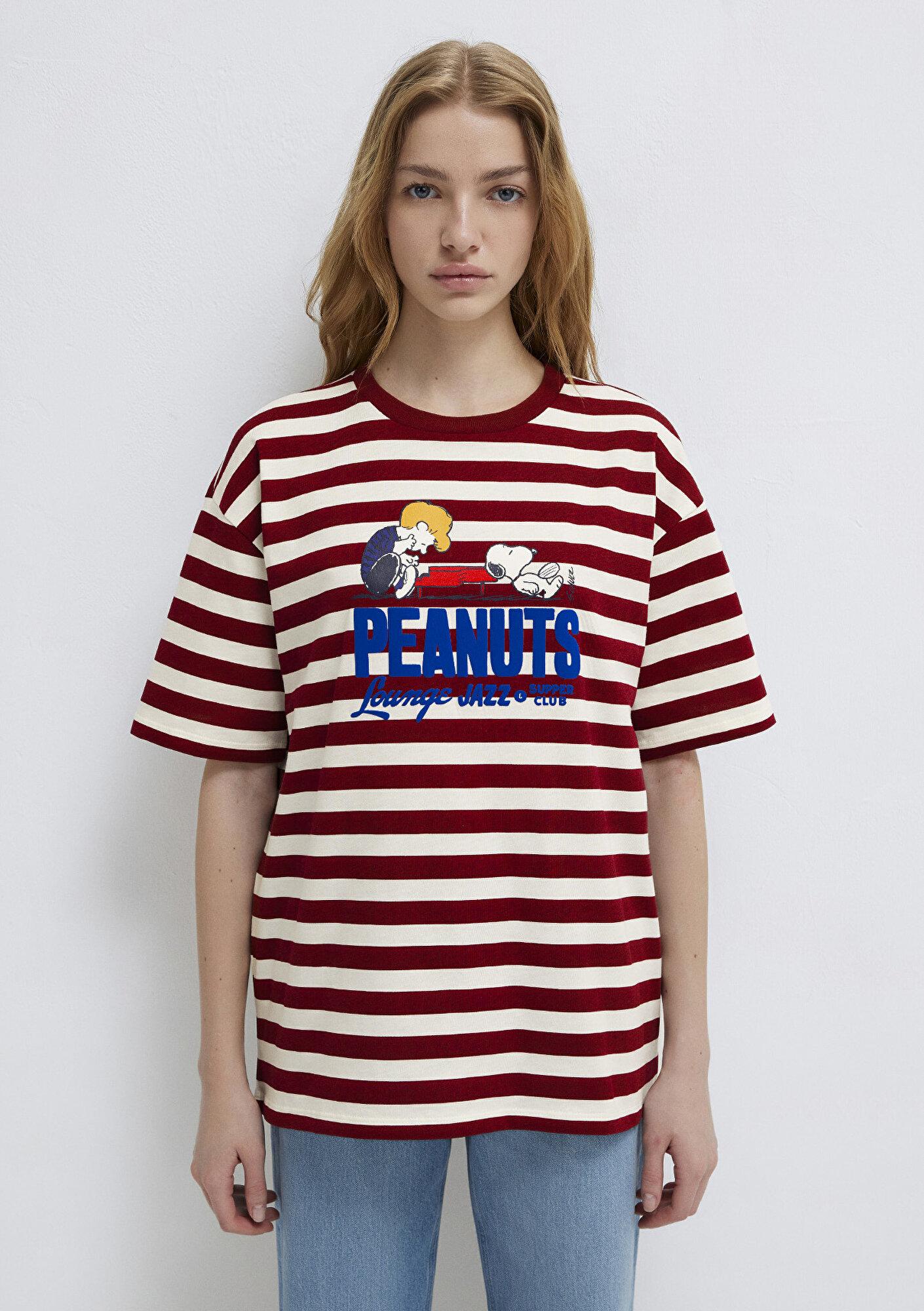 Mavi Snoopy Baskılı Bordo Tişört Loose Fit / Bol Rahat Kesim 1614057-91577