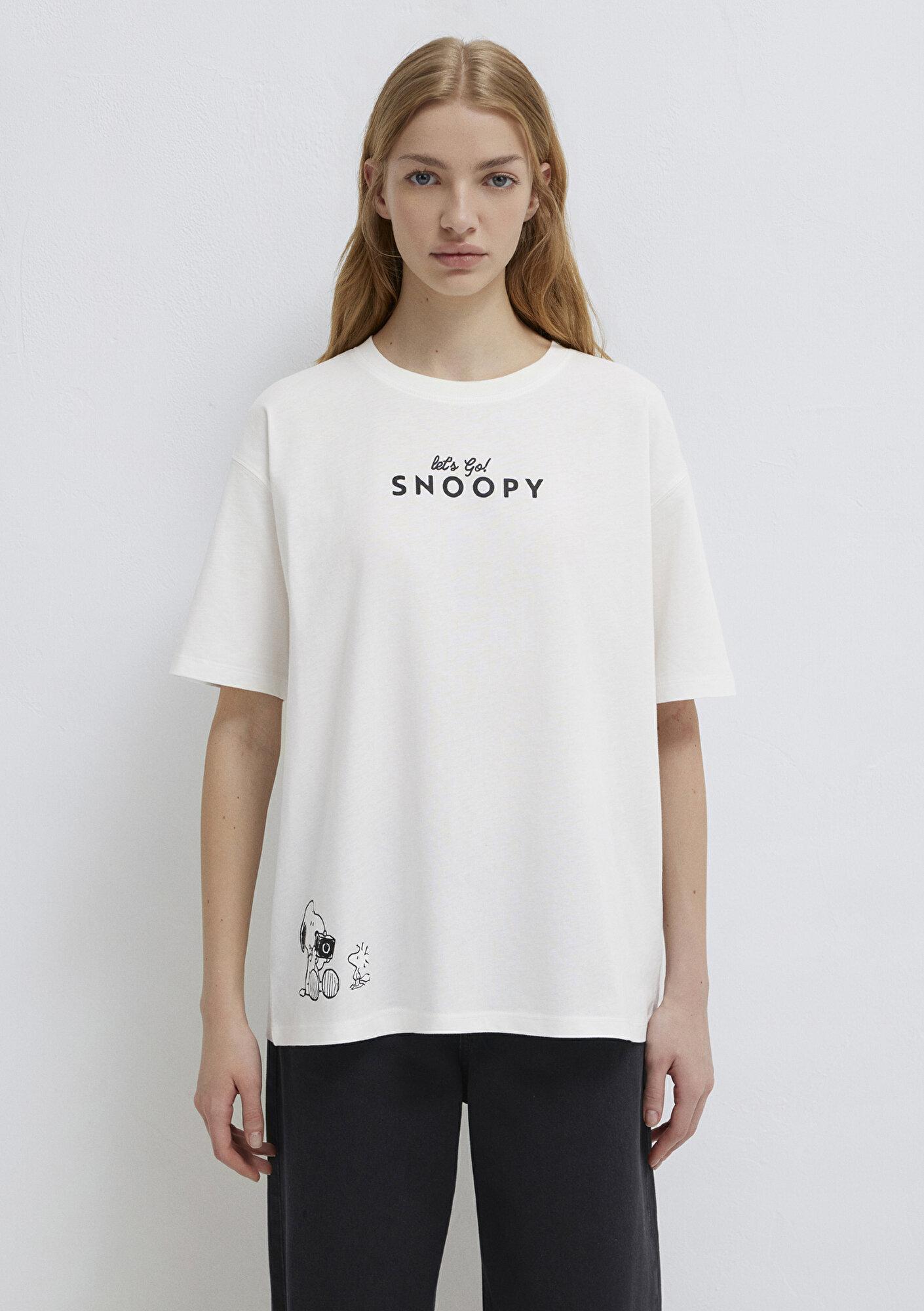 Mavi Snoopy Baskılı Ekru Tişört Loose Fit / Bol Rahat Kesim 1614055-70057