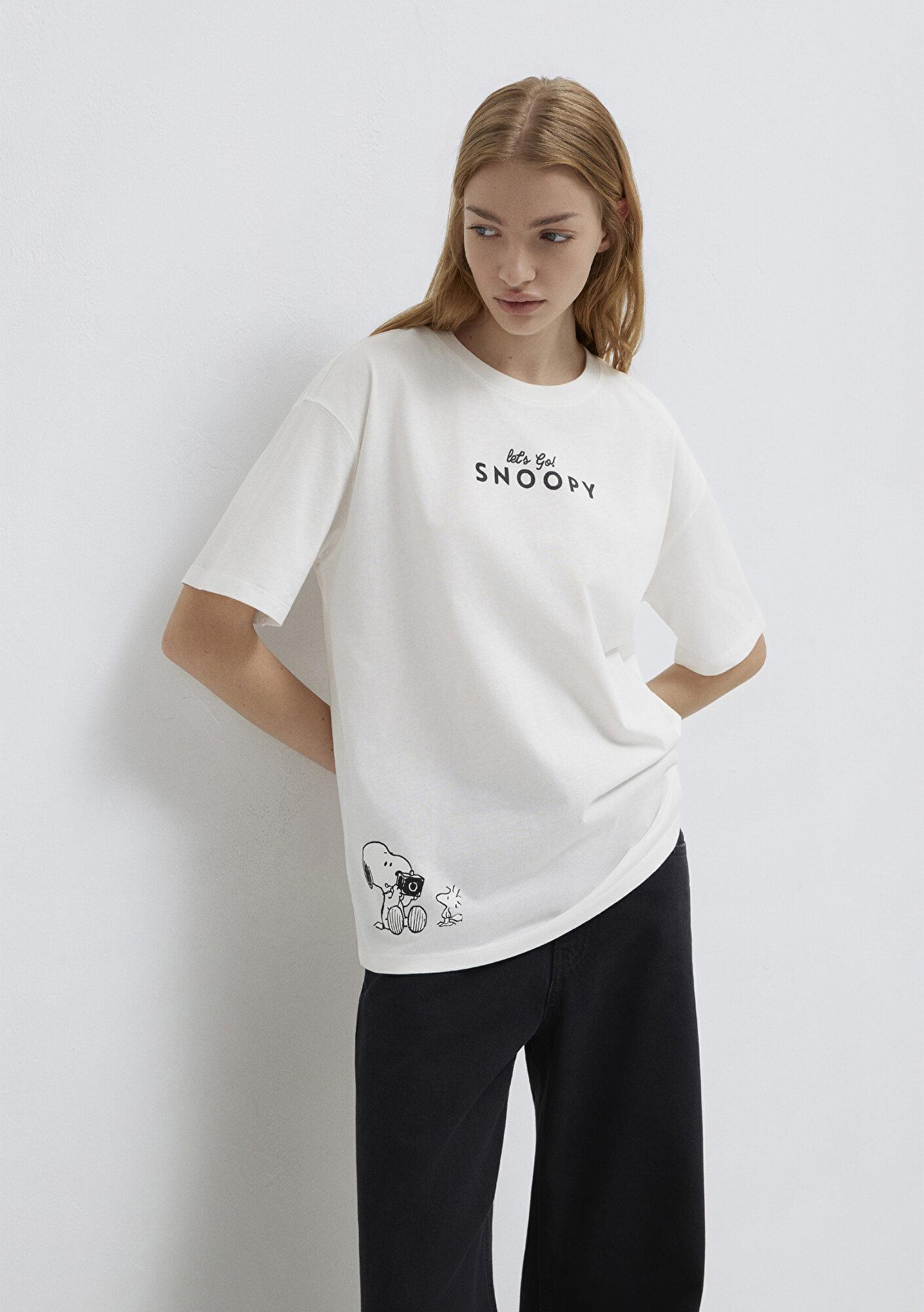 Mavi Snoopy Baskılı Ekru Tişört Loose Fit / Bol Rahat Kesim 1614055-70057
