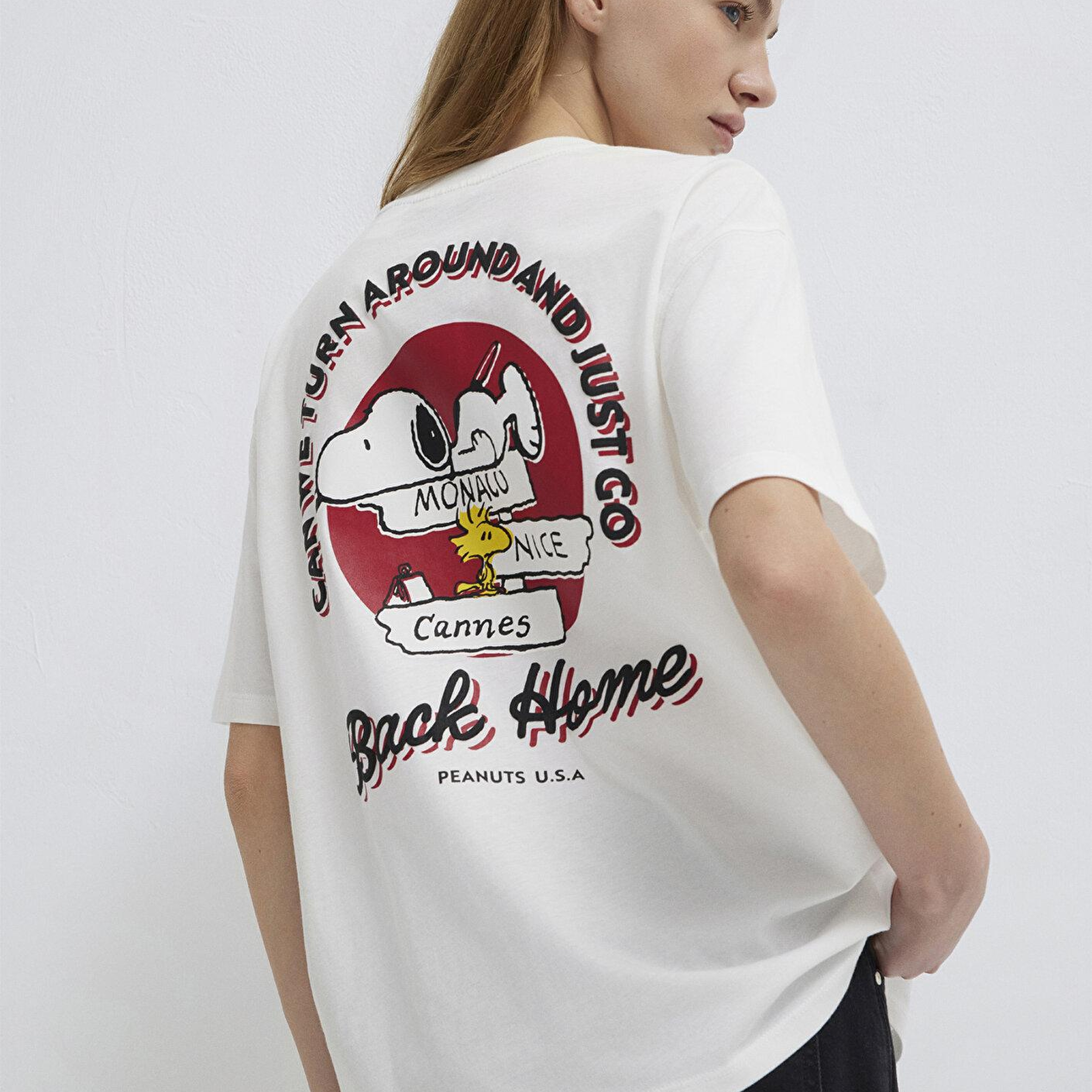 Mavi Snoopy Baskılı Ekru Tişört Loose Fit / Bol Rahat Kesim 1614055-70057