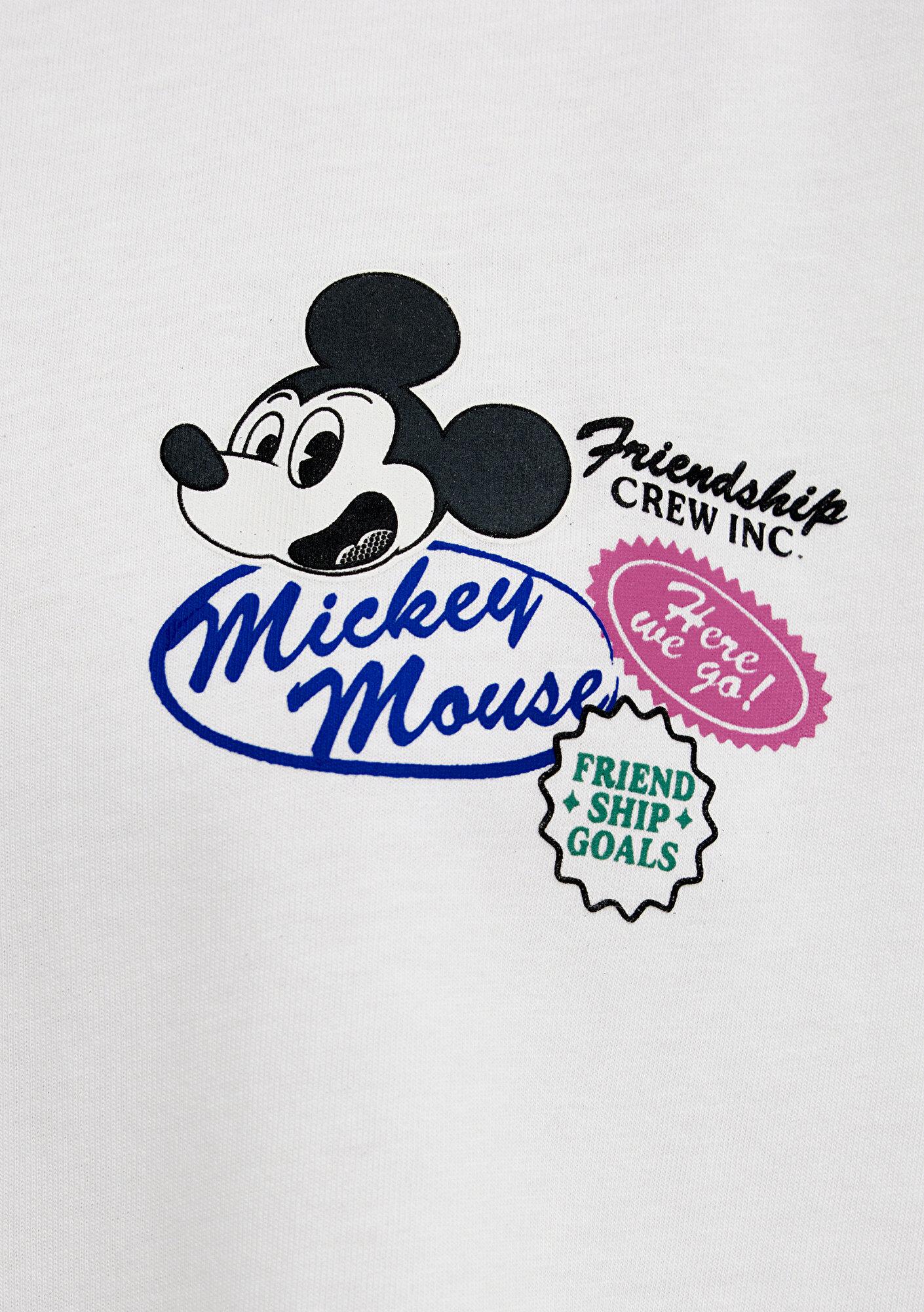 Mavi Mickey Mouse Baskılı Ekru Tişört Oversize / Geniş Kesim 1614039-70057