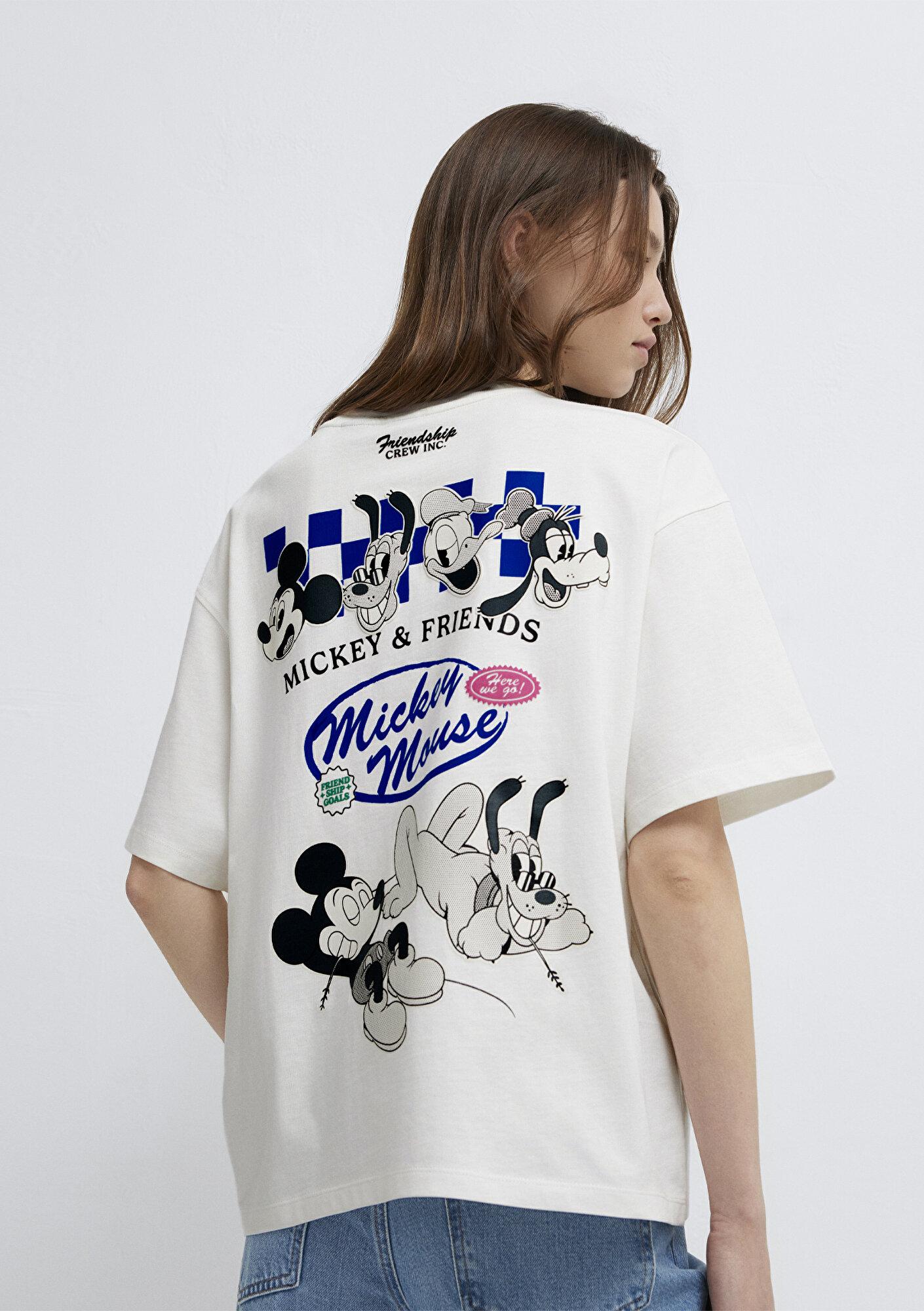 Mavi Mickey Mouse Baskılı Ekru Tişört Oversize / Geniş Kesim 1614039-70057