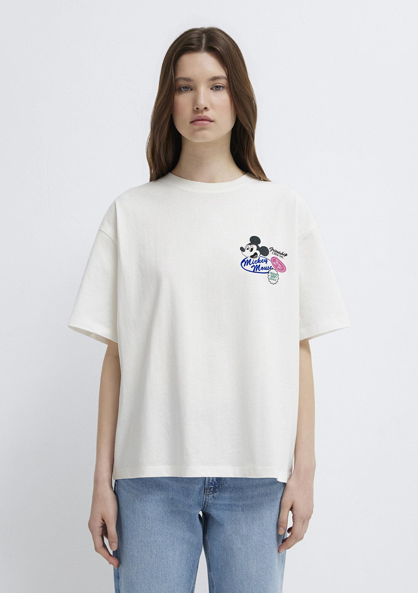 Mavi Mickey Mouse Baskılı Ekru Tişört Oversize / Geniş Kesim 1614039-70057