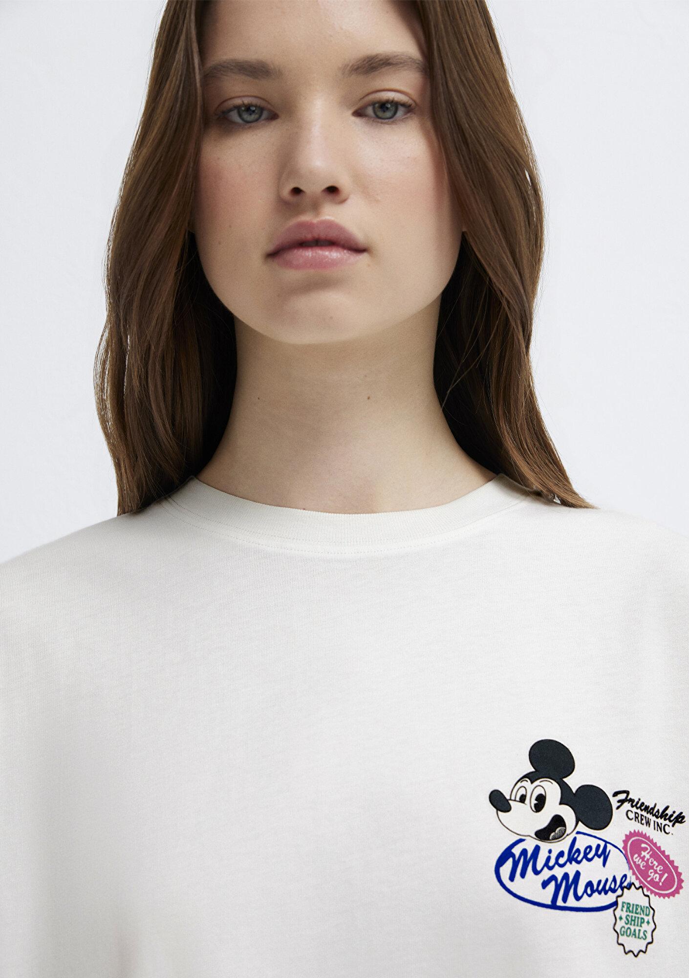 Mavi Mickey Mouse Baskılı Ekru Tişört Oversize / Geniş Kesim 1614039-70057