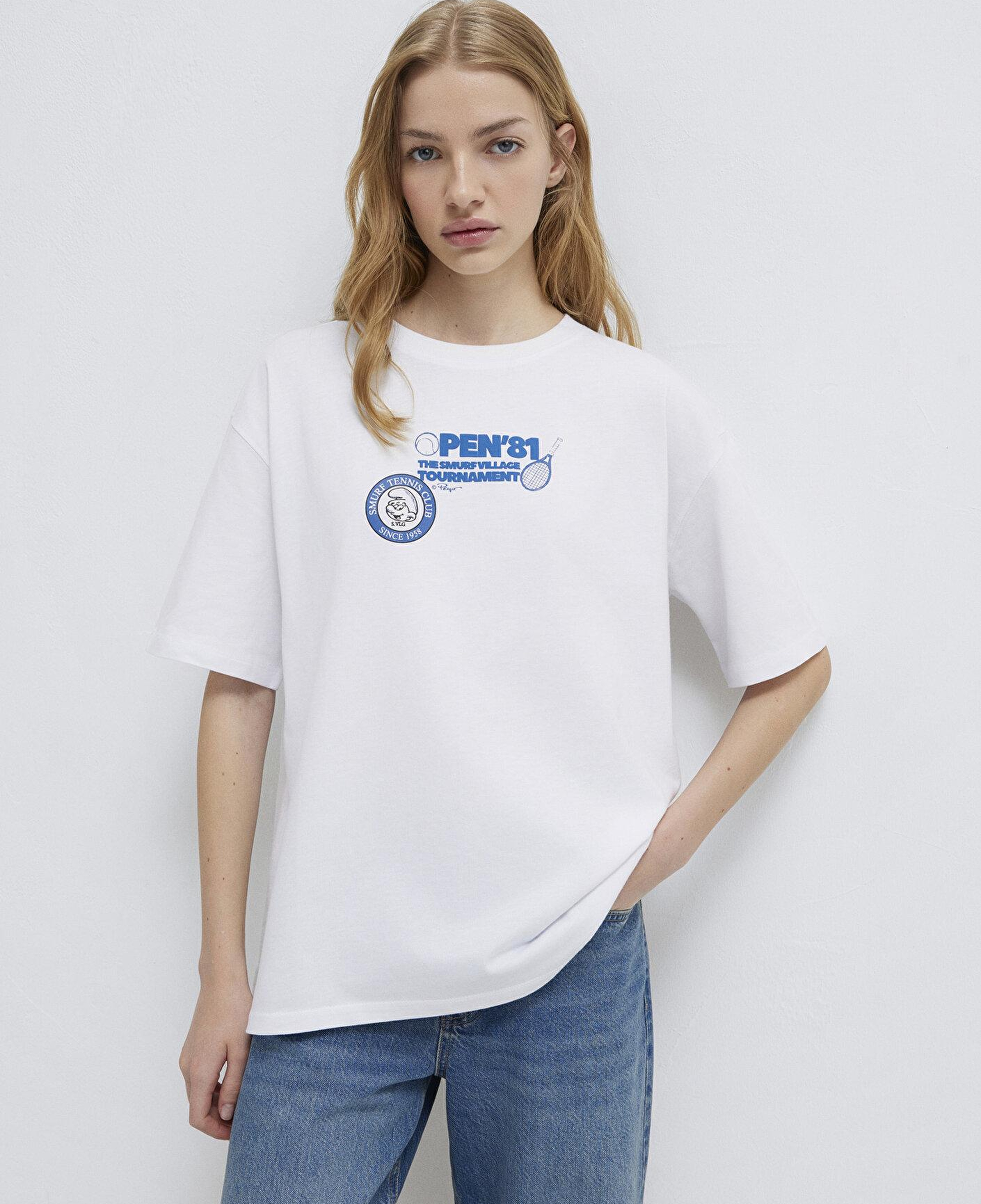 Mavi Şirinler Baskılı Beyaz Tişört Loose Fit / Bol Rahat Kesim 1614042-620