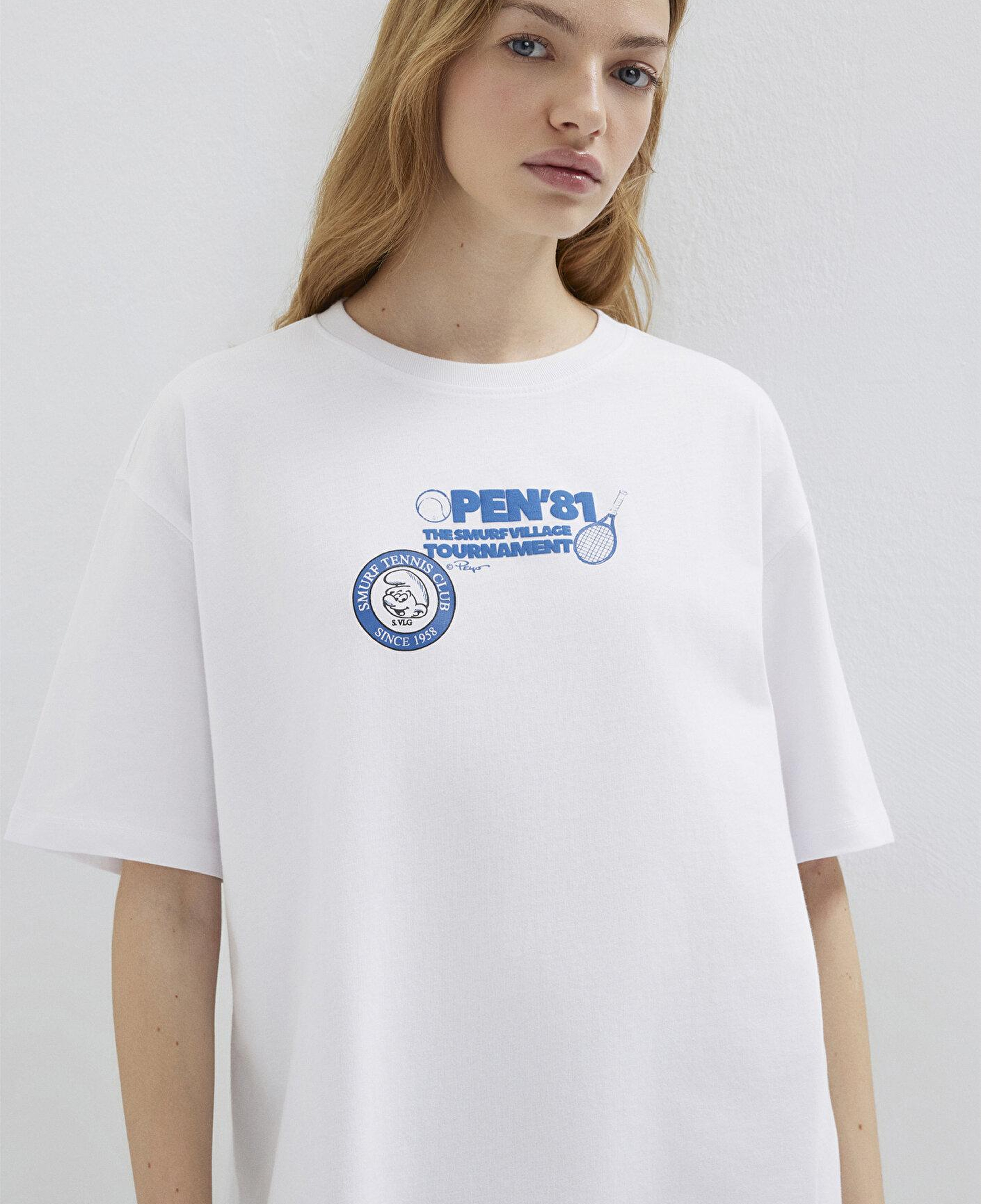 Mavi Şirinler Baskılı Beyaz Tişört Loose Fit / Bol Rahat Kesim 1614042-620