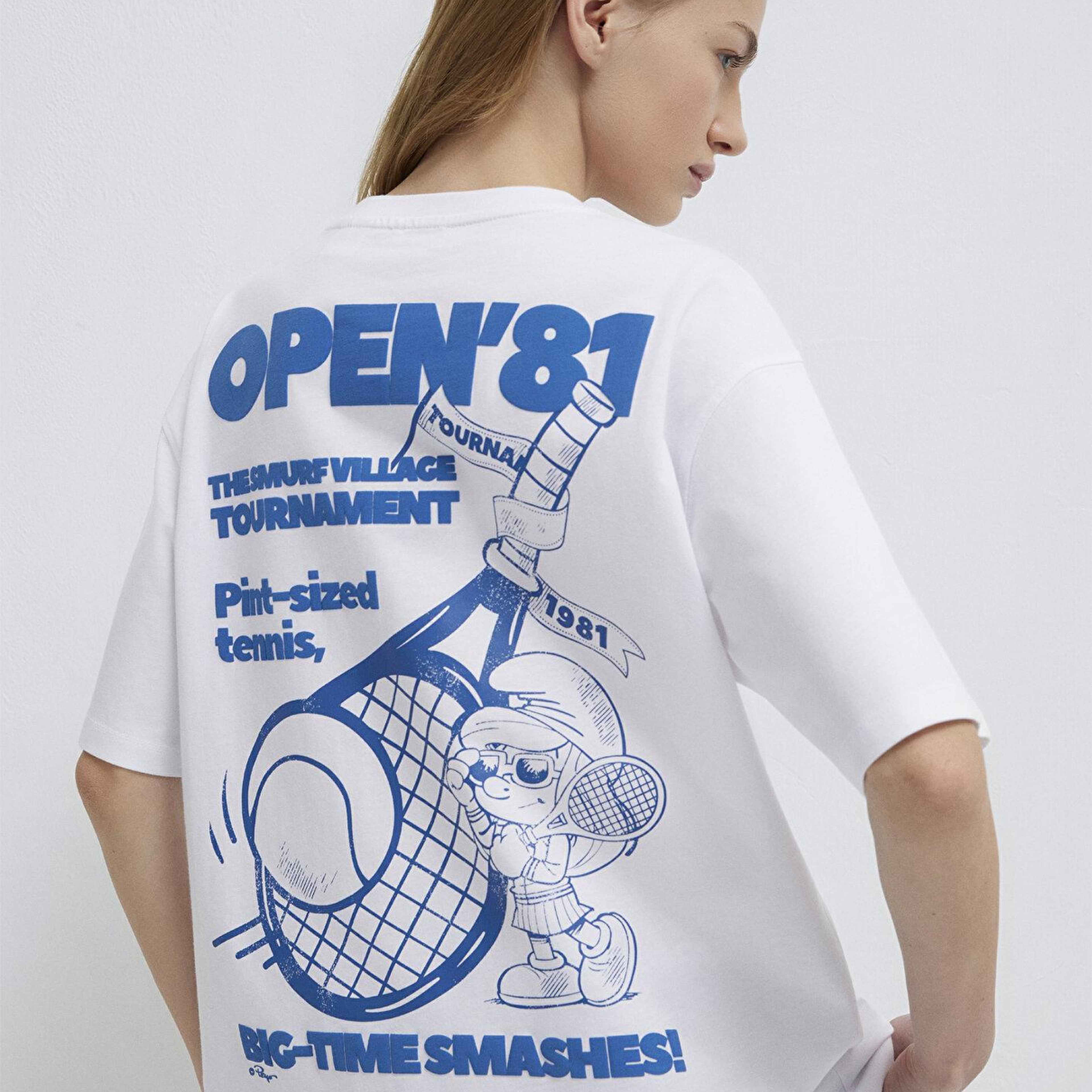 Mavi Şirinler Baskılı Beyaz Tişört Loose Fit / Bol Rahat Kesim 1614042-620