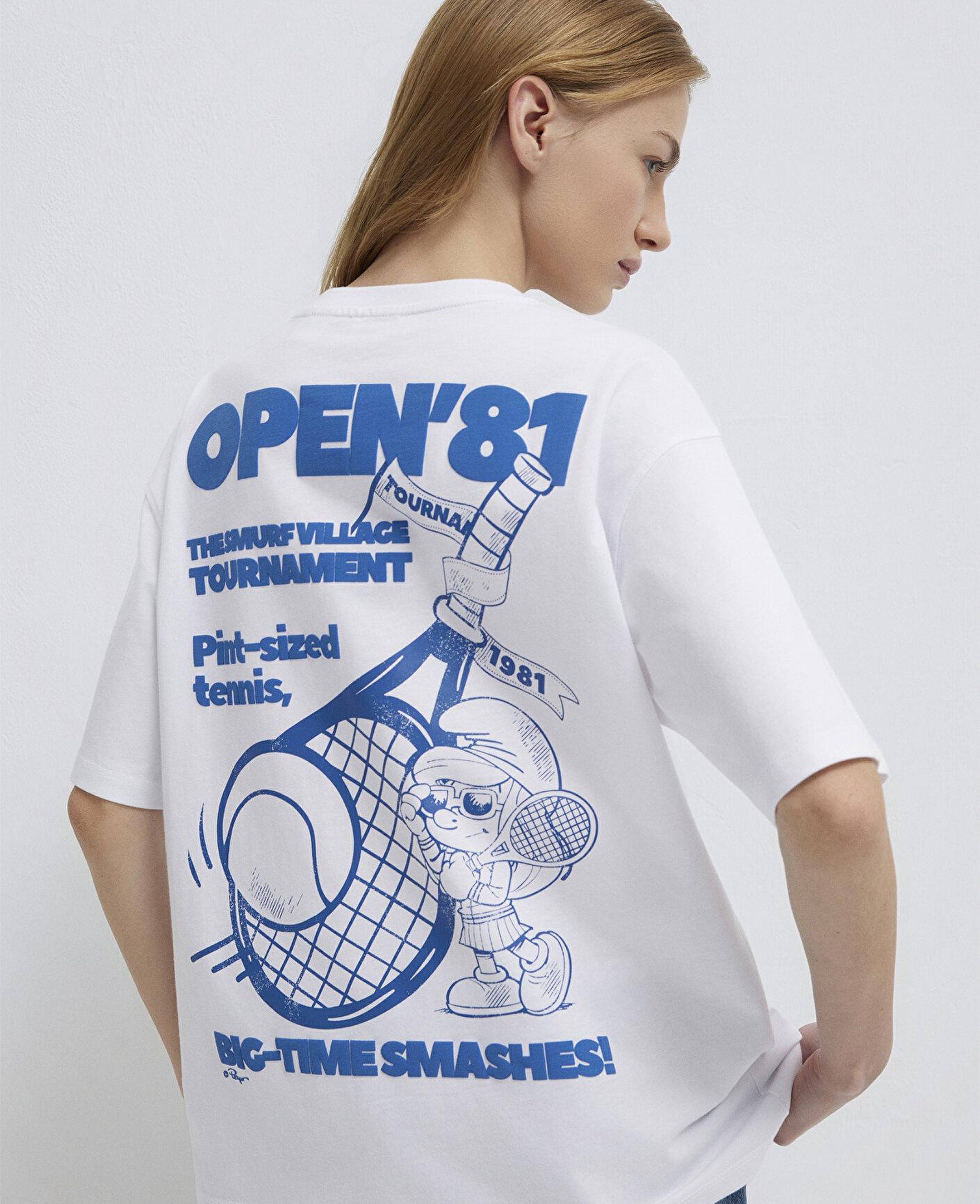 Mavi Şirinler Baskılı Beyaz Tişört Loose Fit / Bol Rahat Kesim 1614042-620