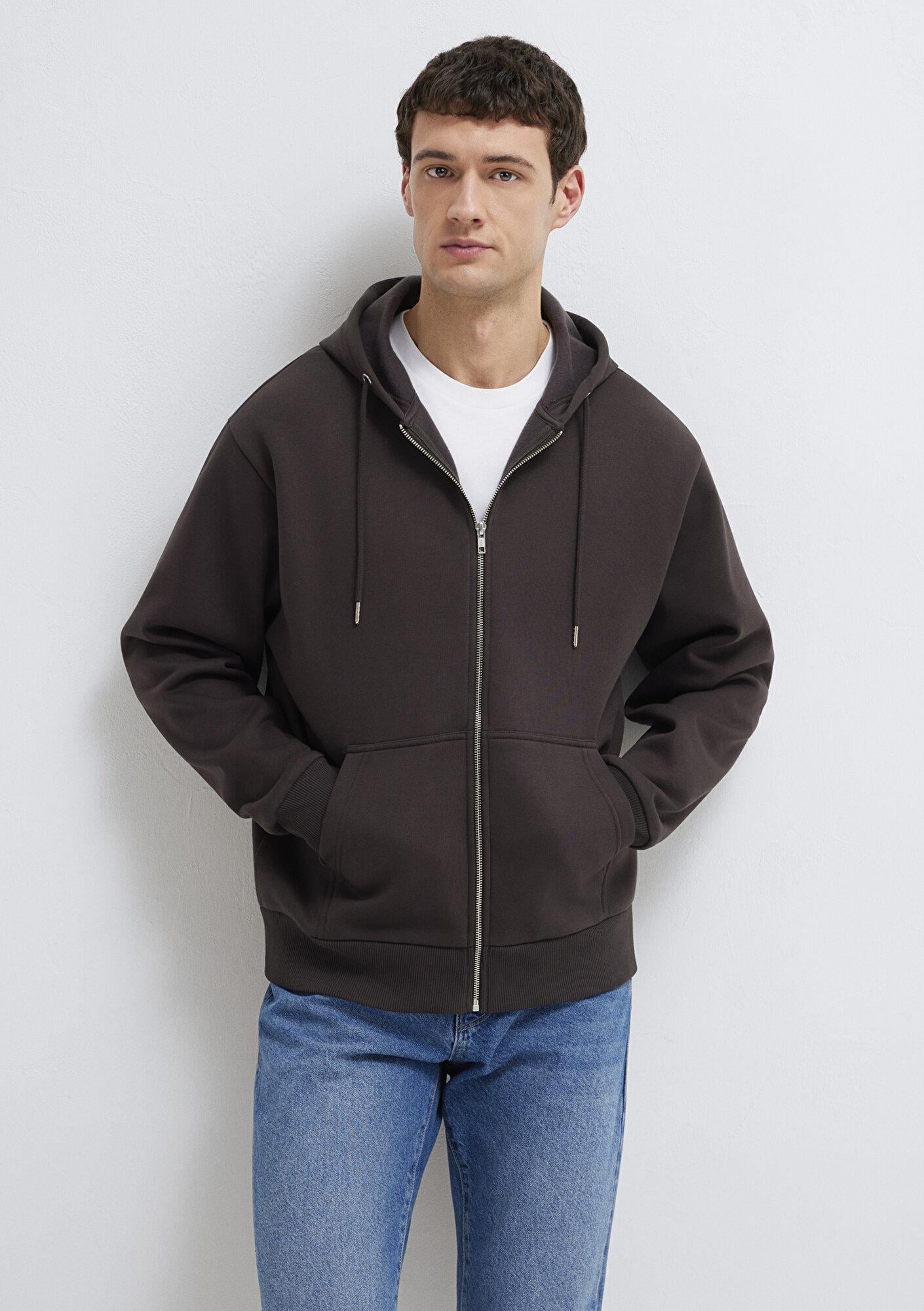 Mavi Kapüşonlu Fermuarlı Kahverengi Basic Sweatshirt 0S10277-70219