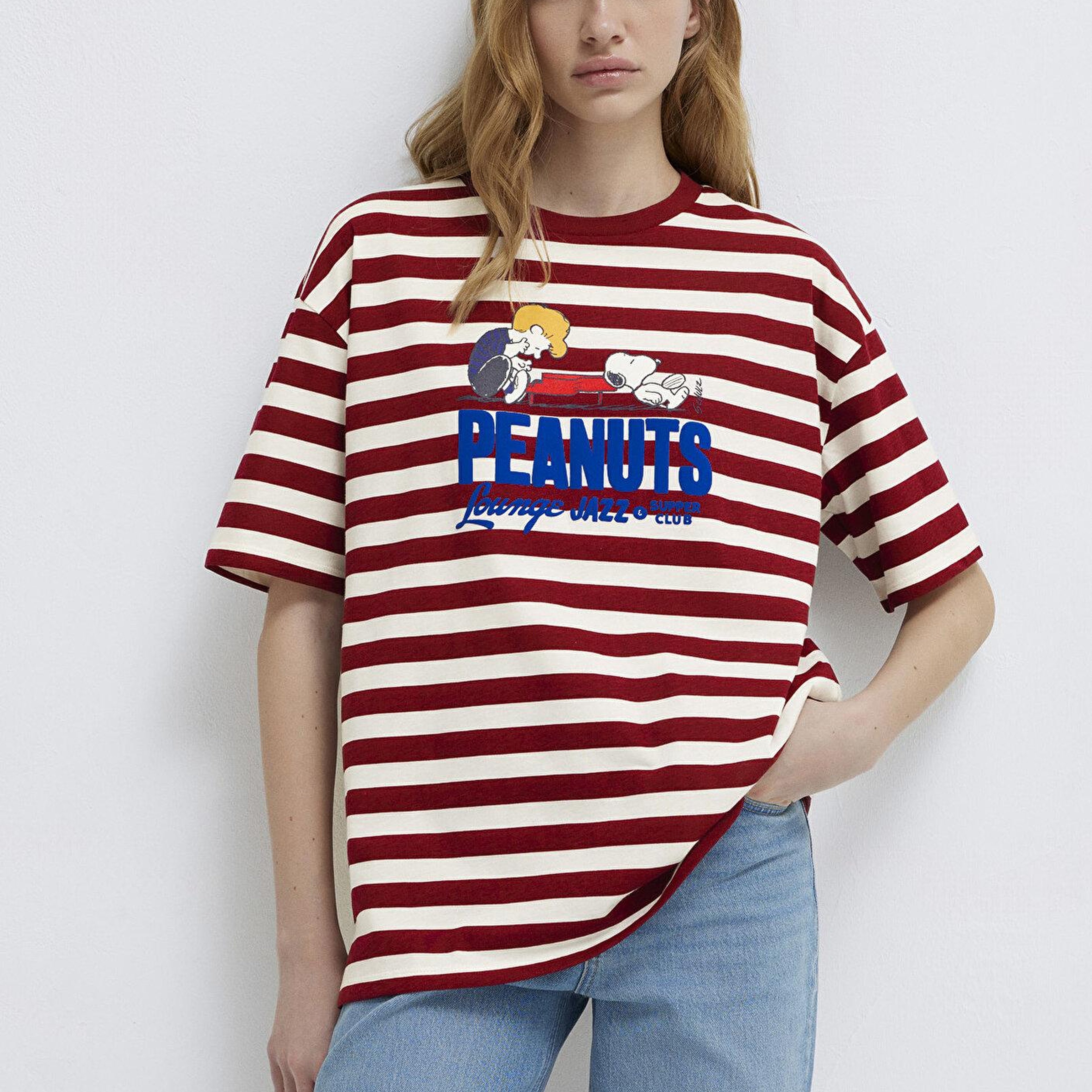 Mavi Snoopy Baskılı Bordo Tişört Loose Fit / Bol Rahat Kesim 1614057-91577