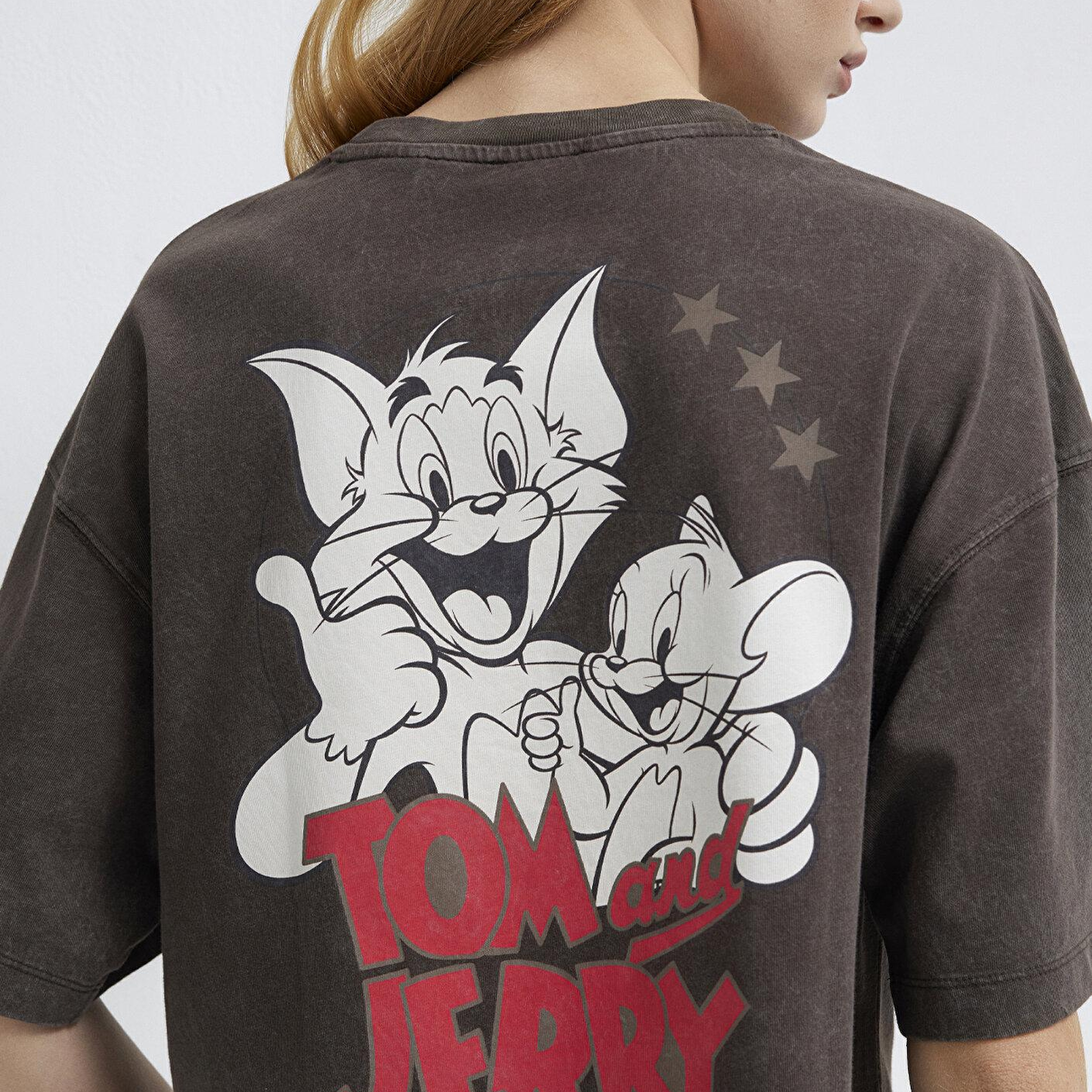 Mavi Tom ve Jerry Baskılı Kahverengi Tişört Boxy Fit 1614044-71603