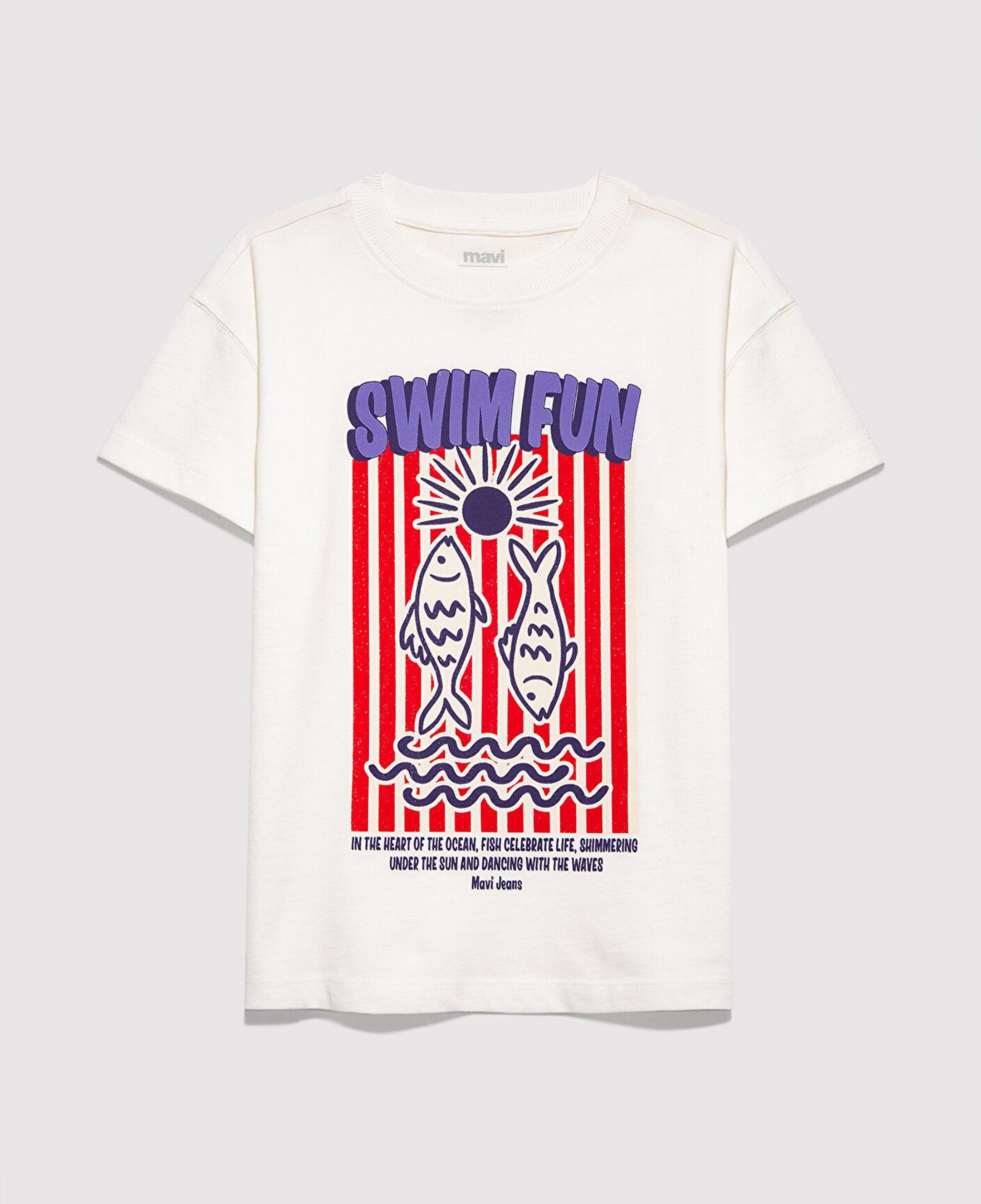Mavi Baskılı Ekru Tişört Loose Fit / Bol Rahat Kesim 7610439-70057