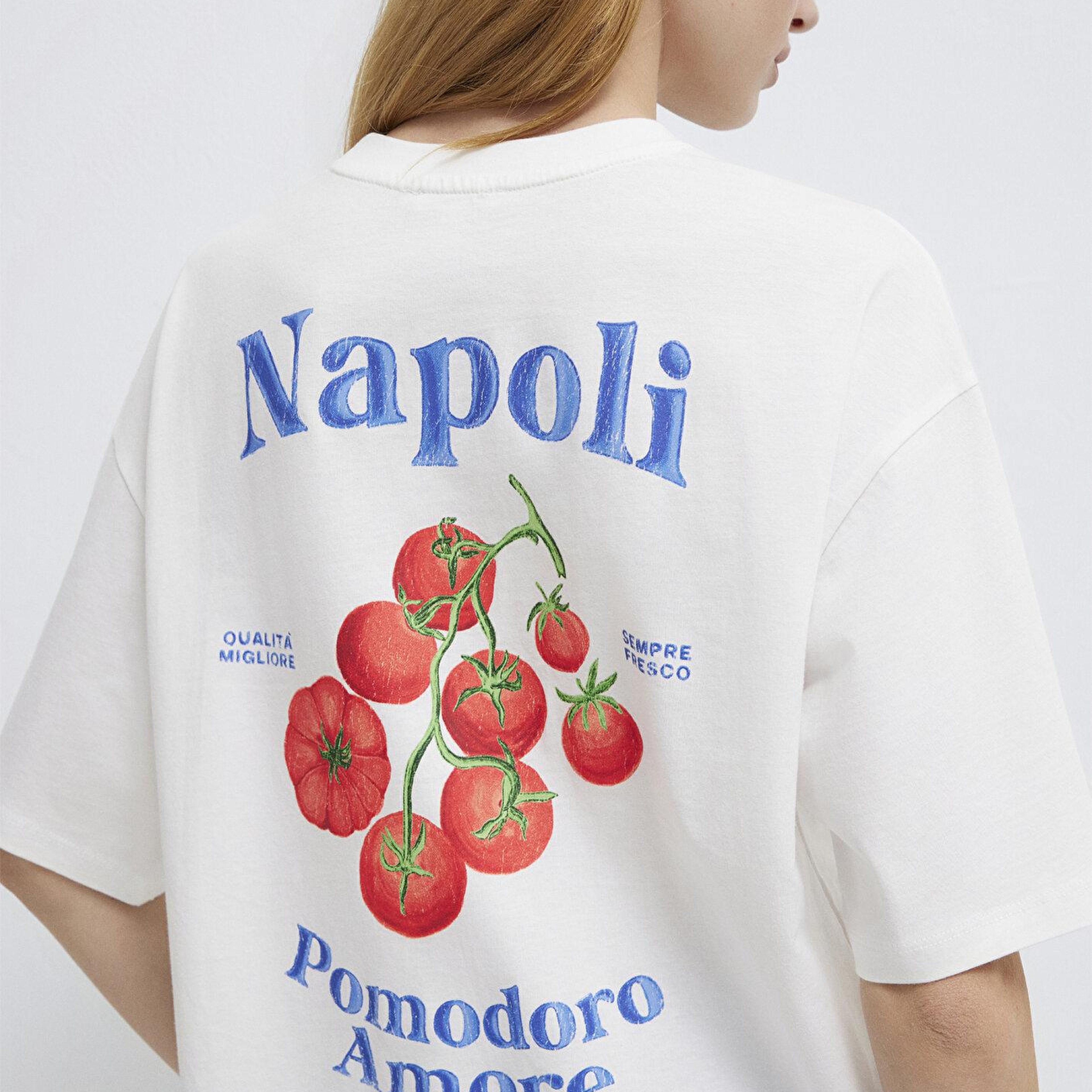 Mavi Napoli Baskılı Ekru Tişört Loose Fit / Bol Rahat Kesim 1614013-70057