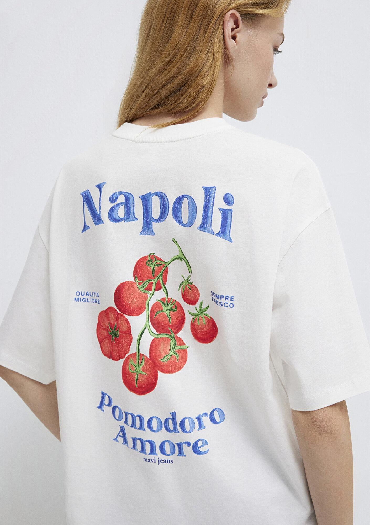 Mavi Napoli Baskılı Ekru Tişört Loose Fit / Bol Rahat Kesim 1614013-70057