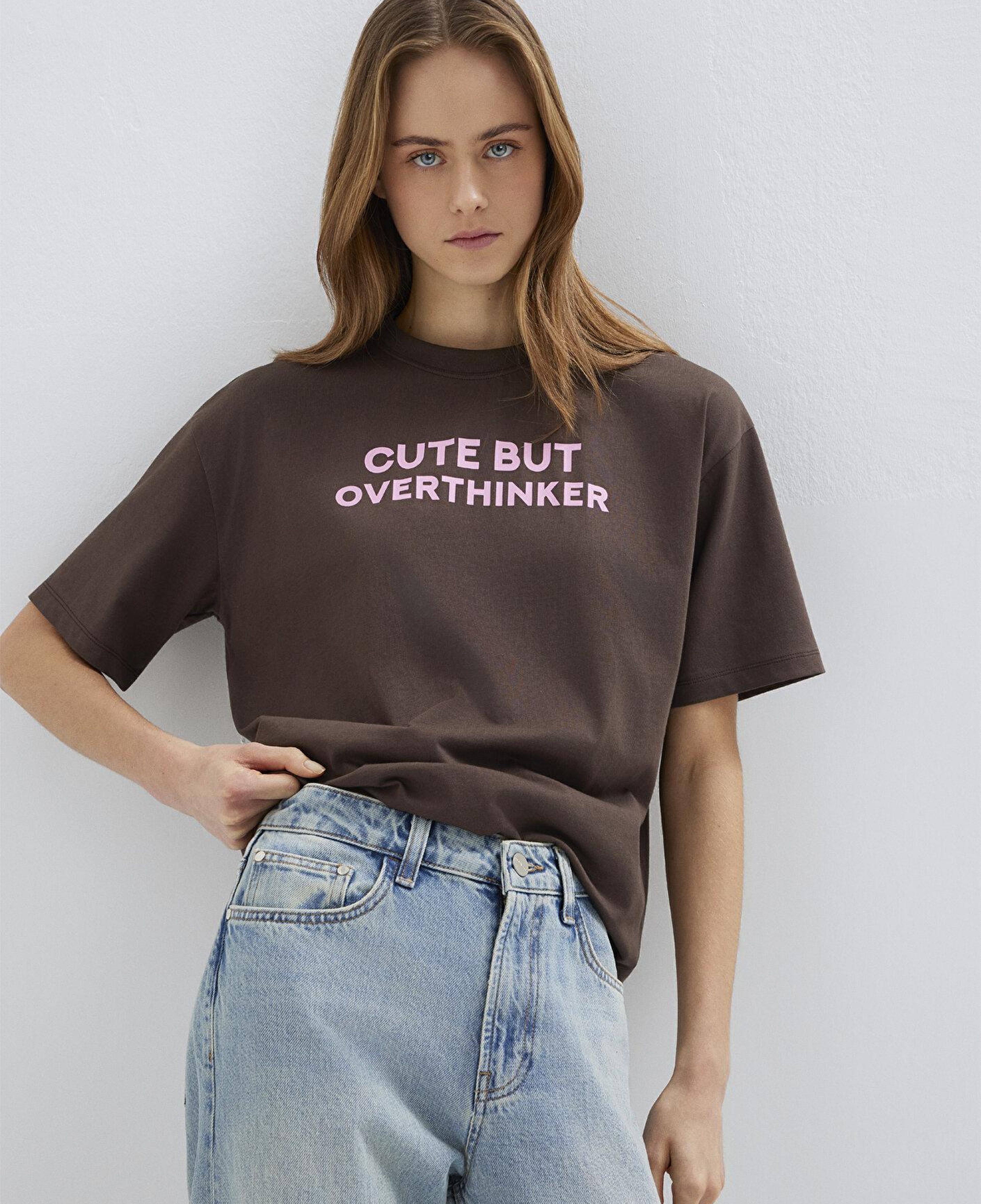 Mavi Slogan Baskılı Kahverengi Tişört Loose Fit / Bol Rahat Kesim 1614012-88067