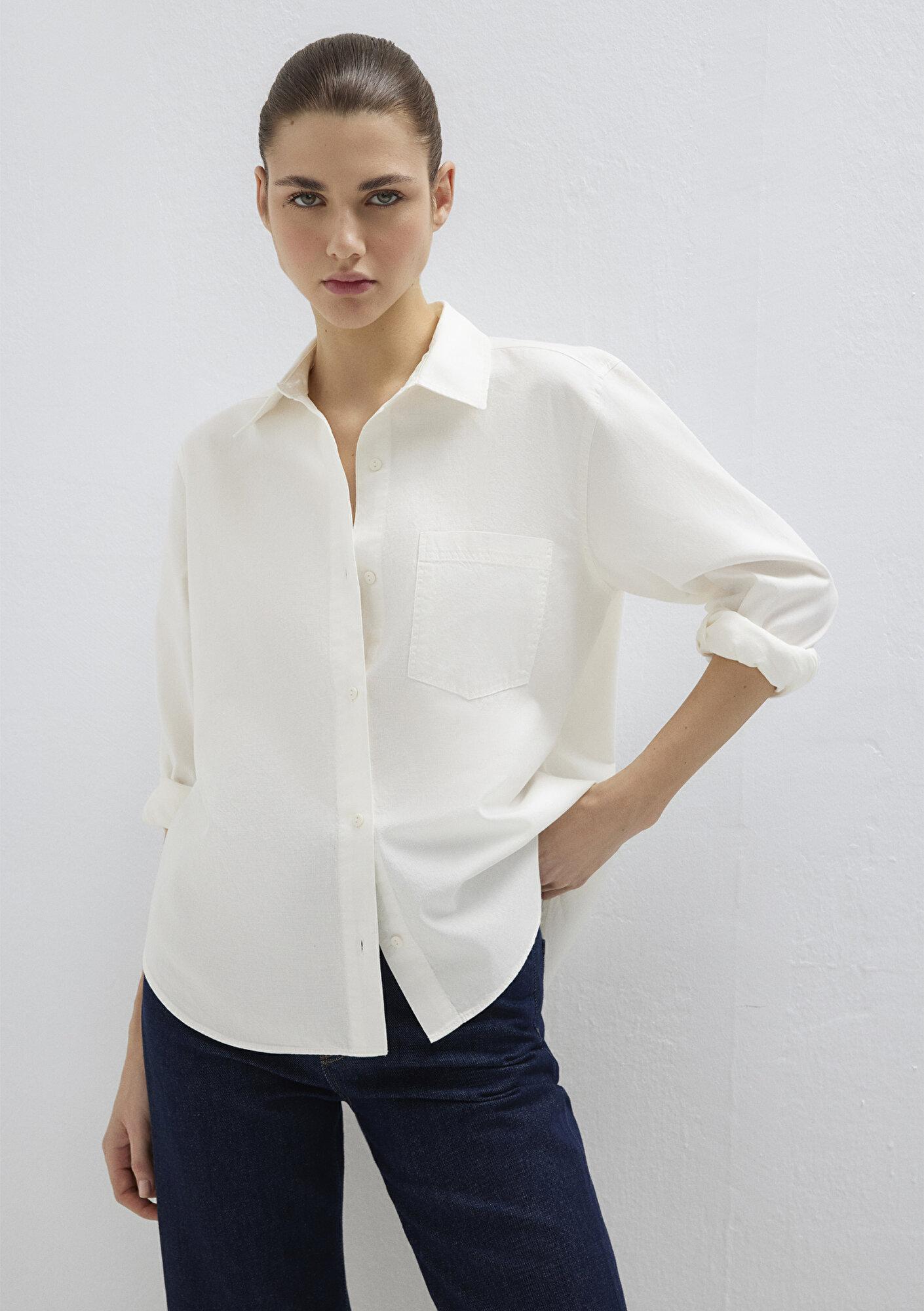 Mavi Cepli Ekru Gömlek Loose Fit / Bol Rahat Kesim 1211434-70057