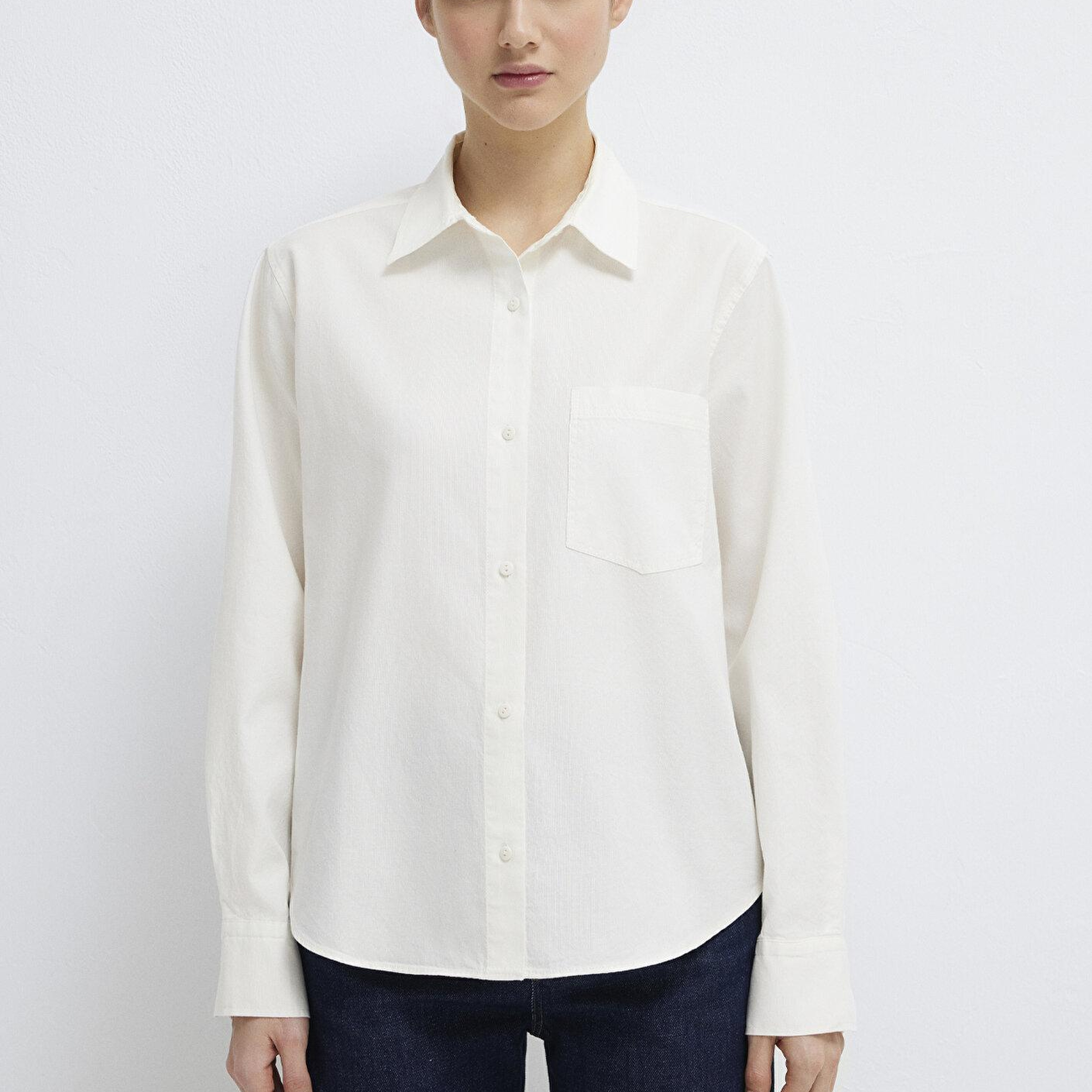 Mavi Cepli Ekru Gömlek Loose Fit / Bol Rahat Kesim 1211434-70057