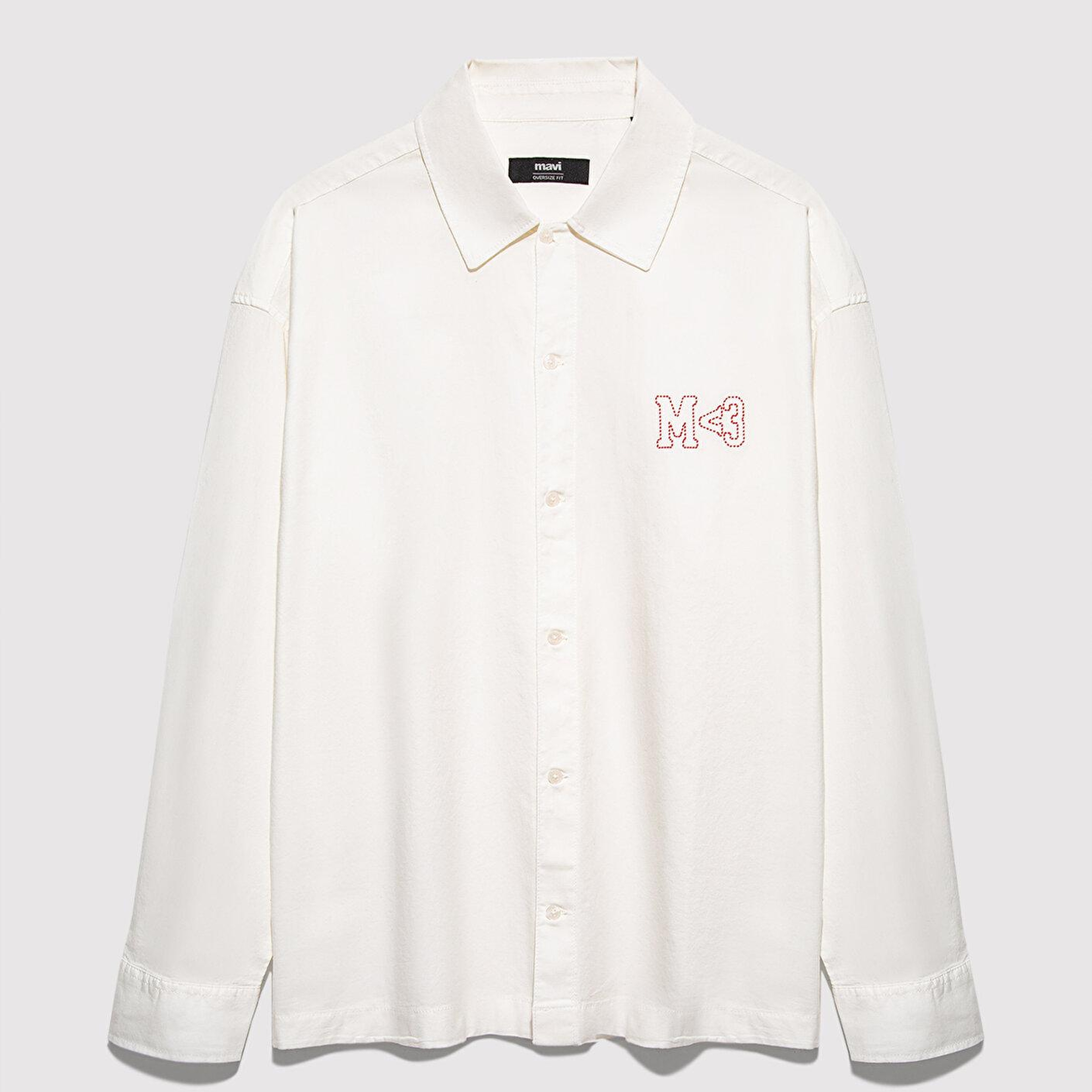 Mavi M Kalp İşlemeli Beyaz Gömlek Oversize / Geniş Kesim 0211917-620
