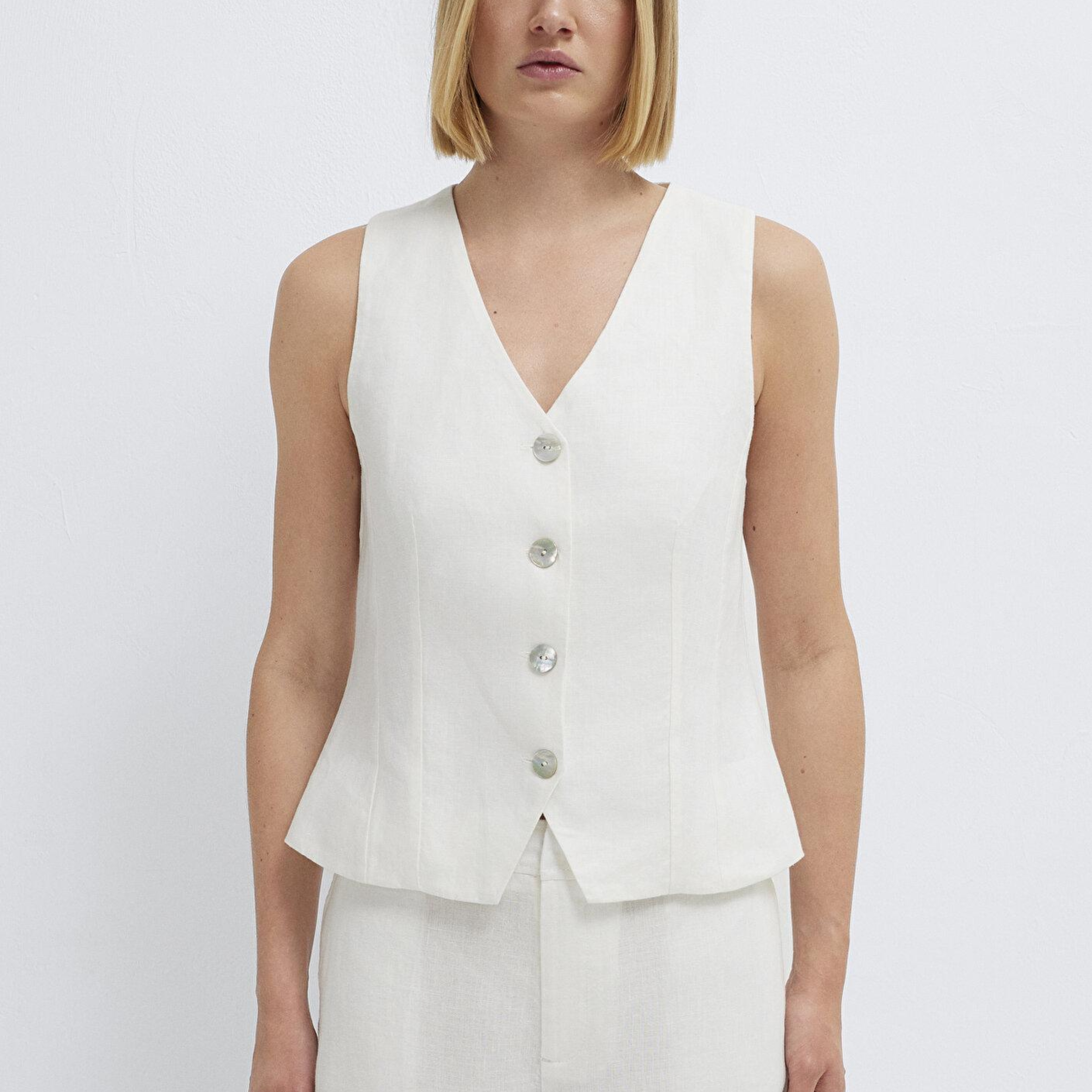 Mavi Beyaz Keten Yelek Slim Fit / Dar Kesim 1110843-70057