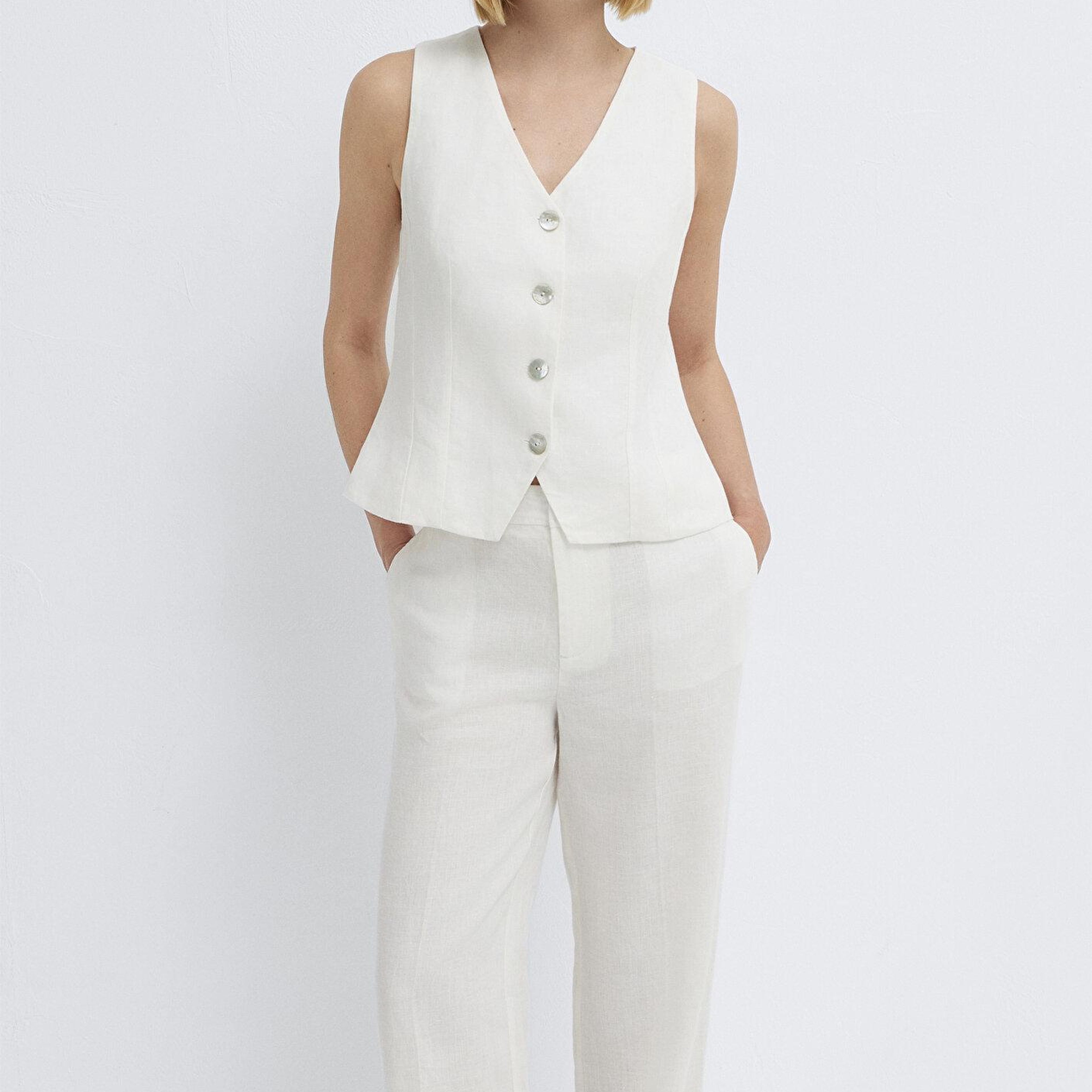 Mavi Beyaz Keten Yelek Slim Fit / Dar Kesim 1110843-70057