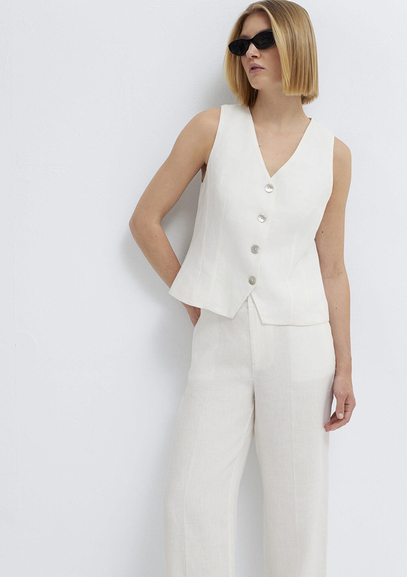 Mavi Beyaz Keten Yelek Slim Fit / Dar Kesim 1110843-70057