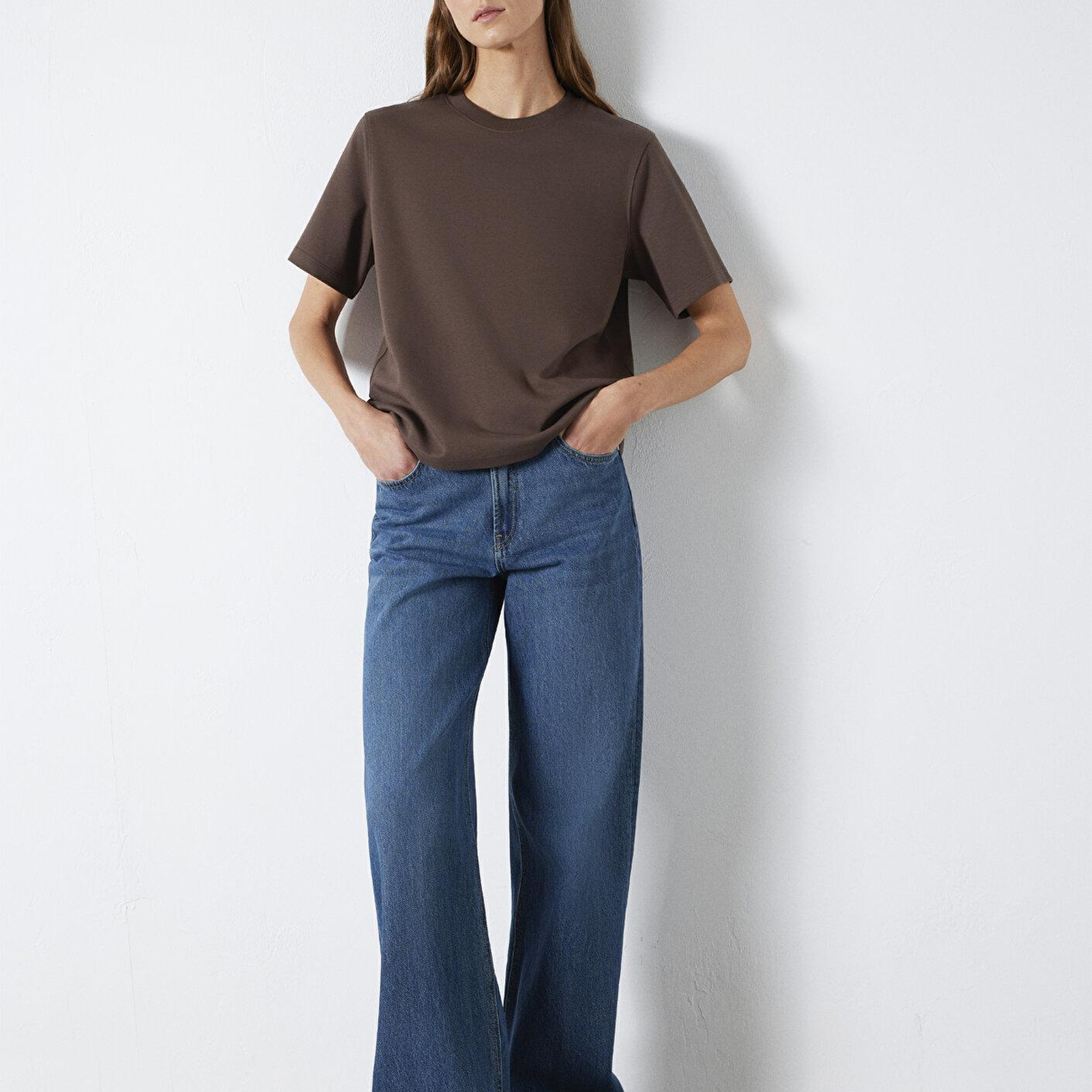 Mavi Kahverengi Basic İnterlok Tişört Loose Fit / Bol Rahat Kesim 1613820-71603