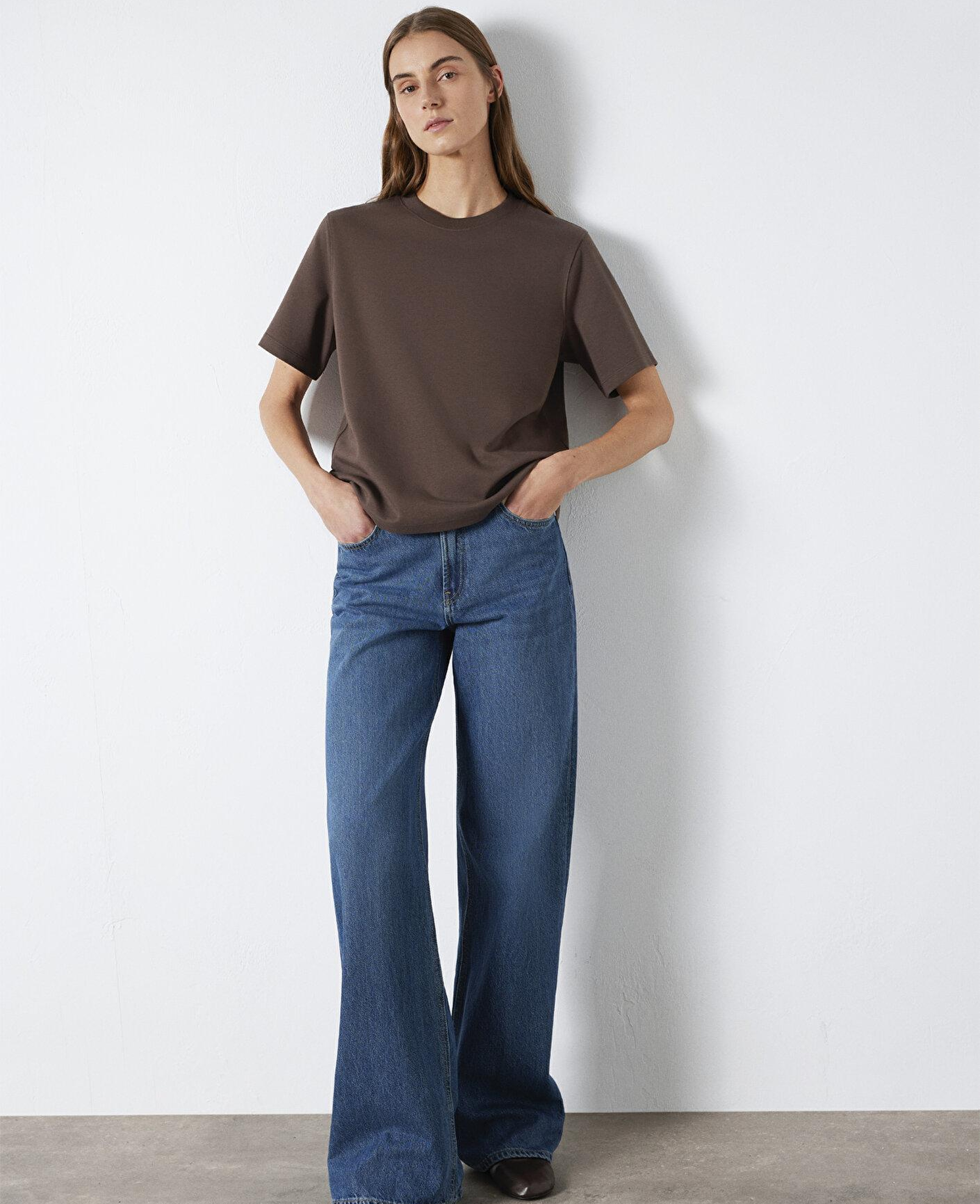 Mavi Kahverengi Basic İnterlok Tişört Loose Fit / Bol Rahat Kesim 1613820-71603