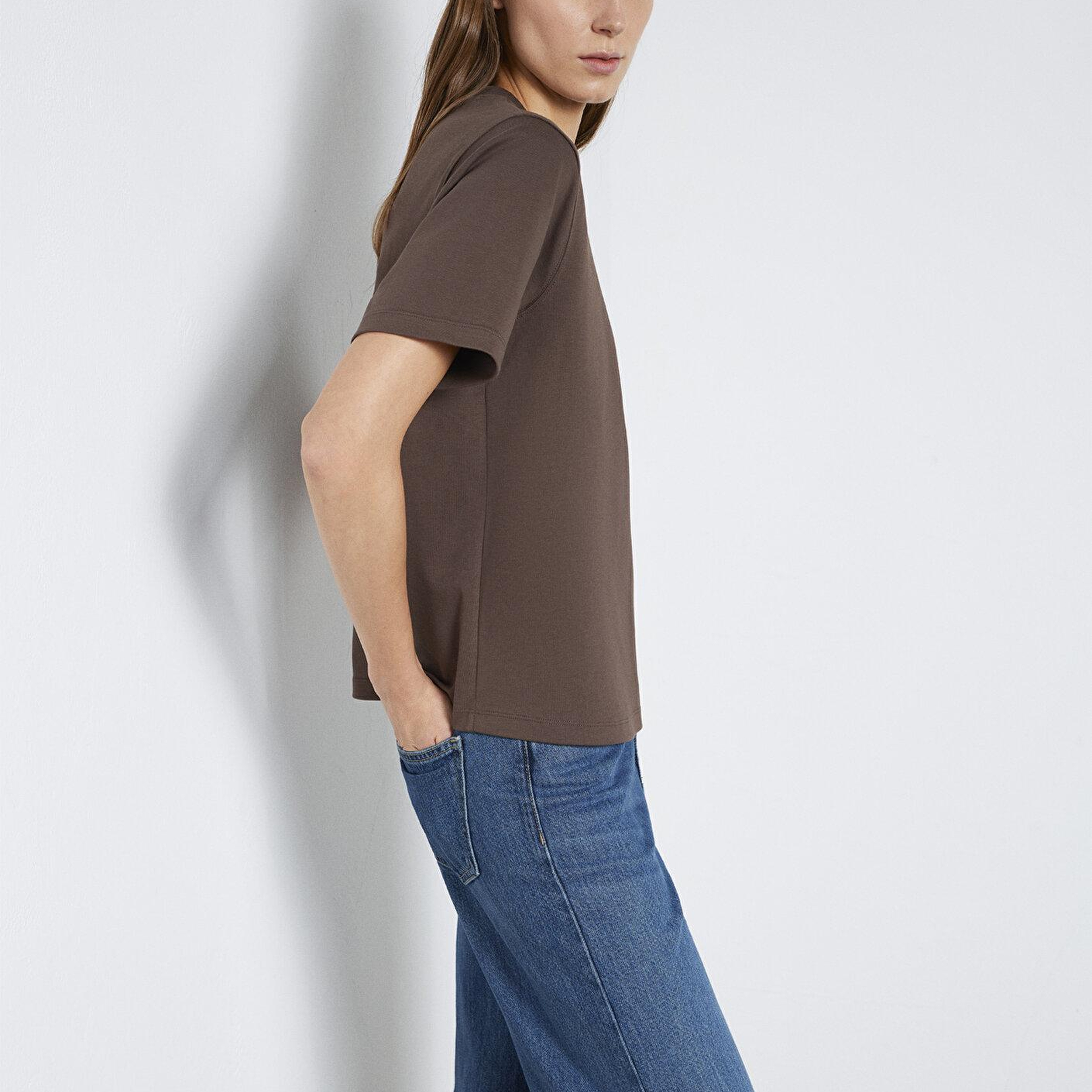 Mavi Kahverengi Basic İnterlok Tişört Loose Fit / Bol Rahat Kesim 1613820-71603