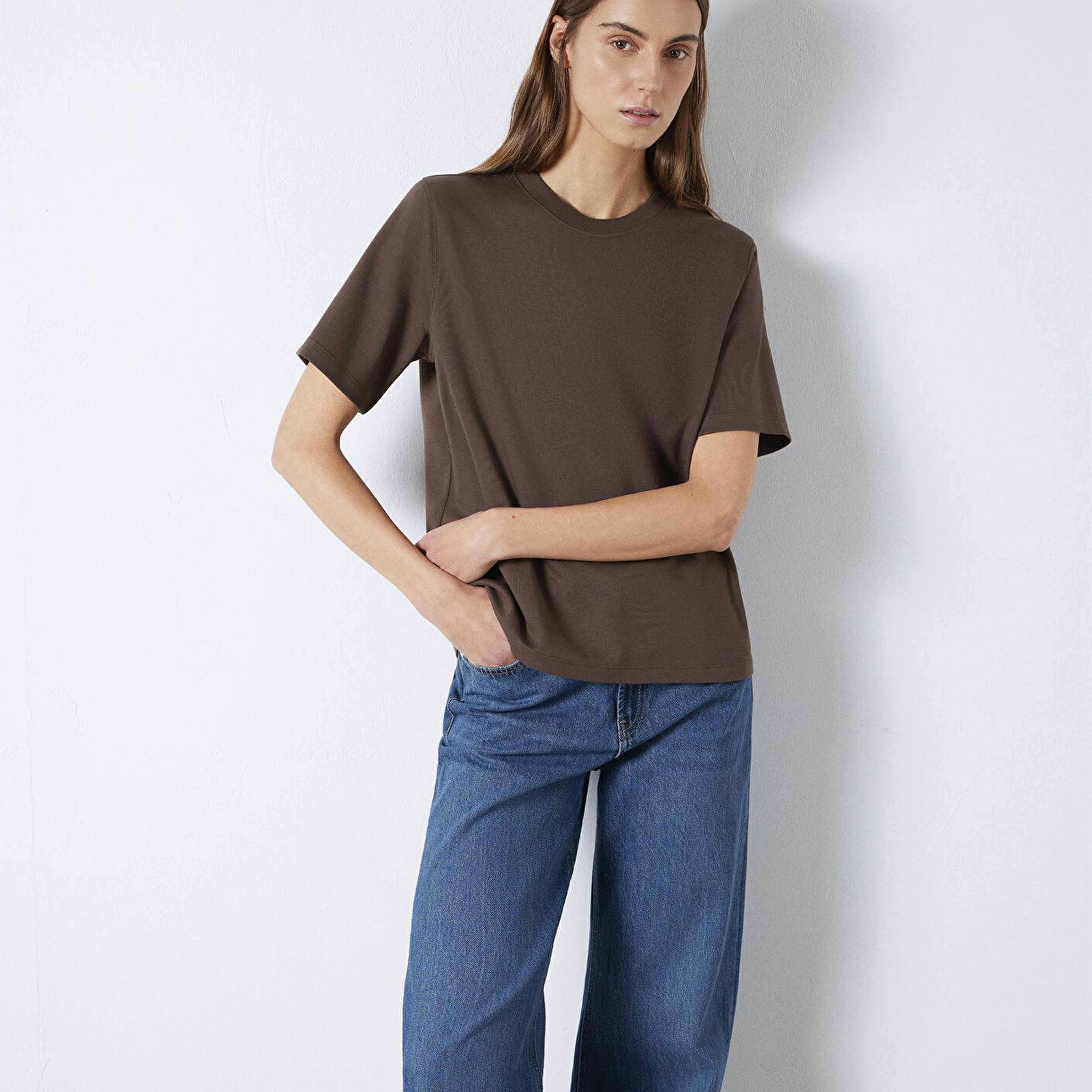 Mavi Kahverengi Basic İnterlok Tişört Loose Fit / Bol Rahat Kesim 1613820-71603