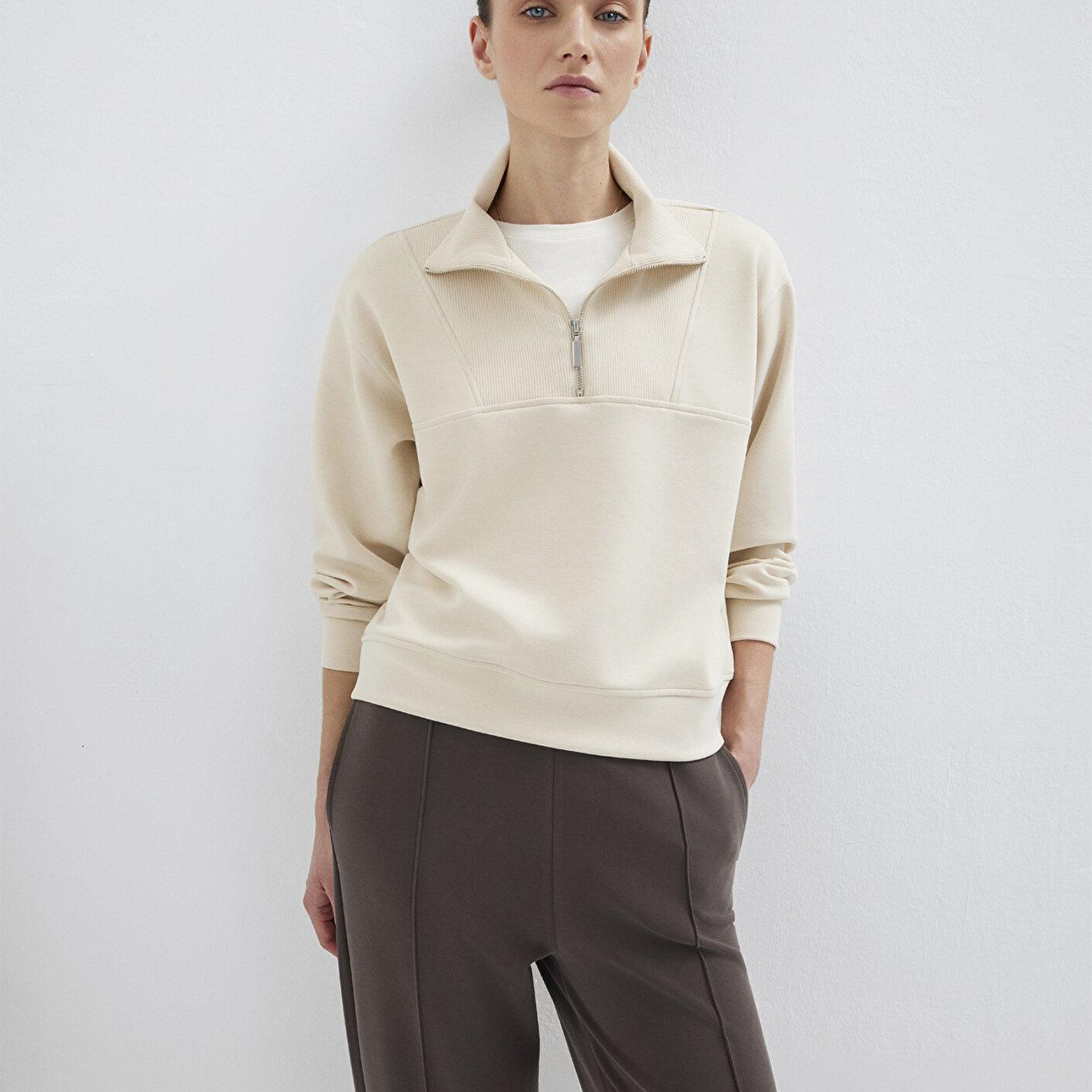 Mavi Yarı Fermuarlı Ekru (TENCEL™) Modal Karışımlı Sweatshirt 1S10488-70005