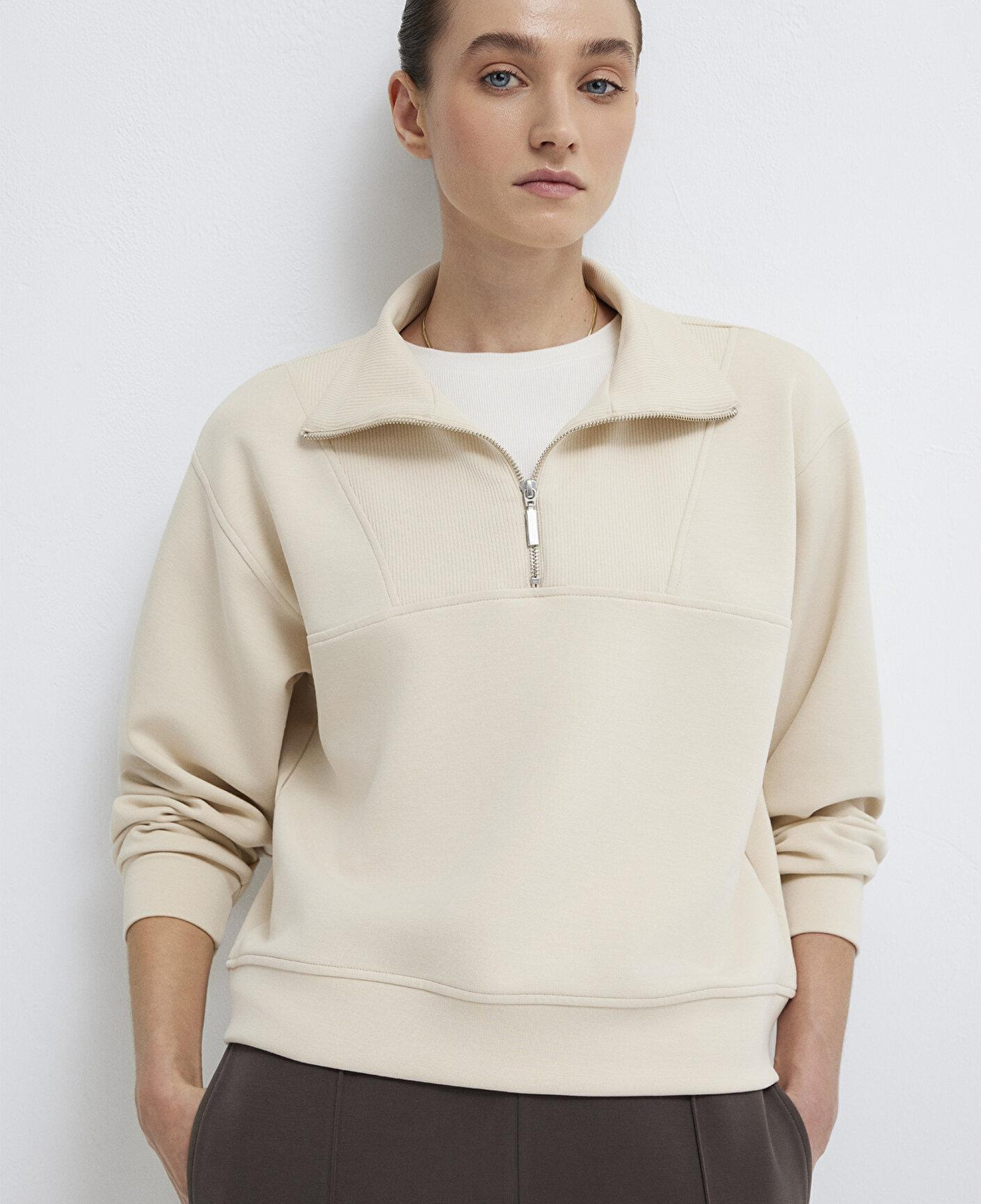 Mavi Yarı Fermuarlı Ekru (TENCEL™) Modal Karışımlı Sweatshirt 1S10488-70005