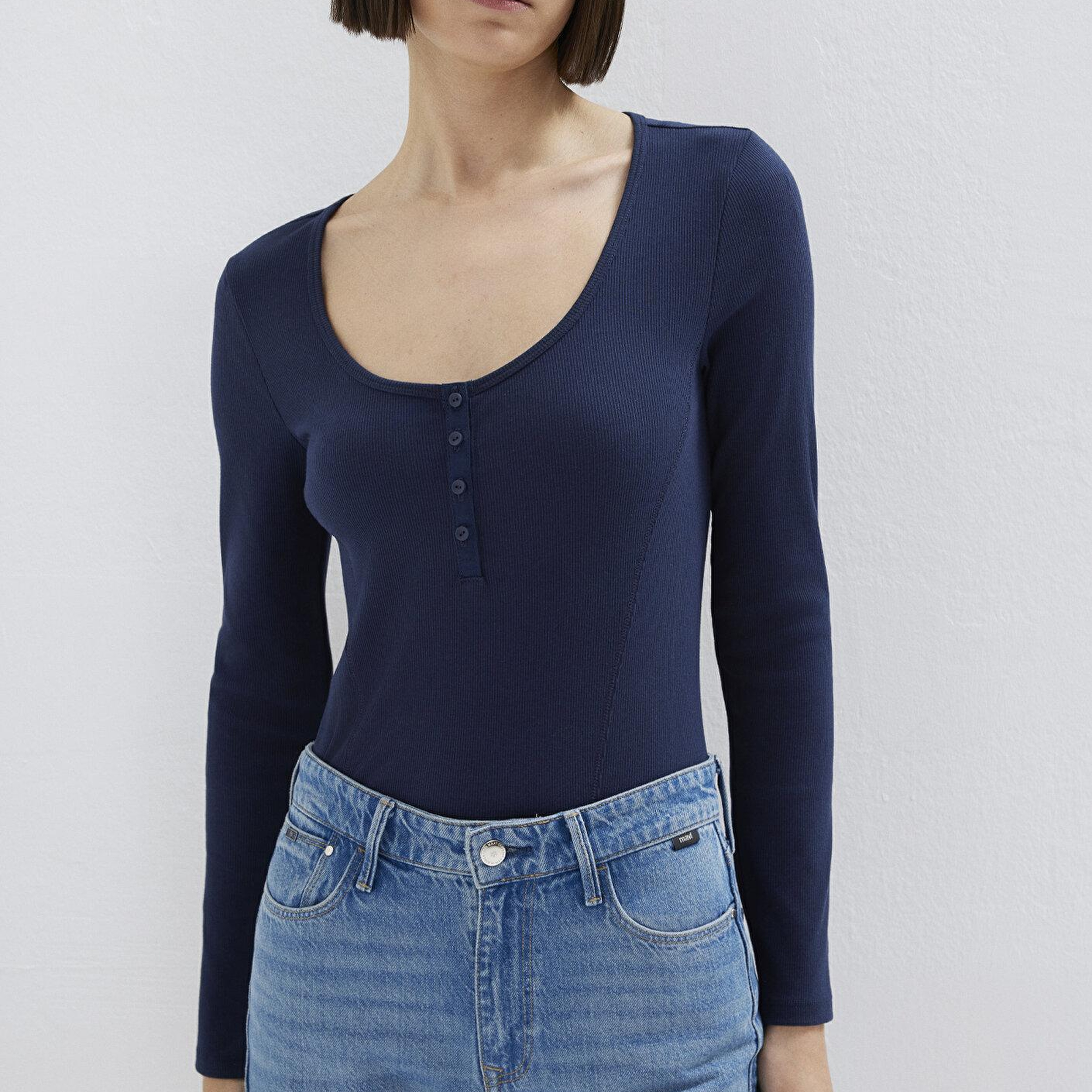 Mavi Uzun Kollu Lacivert Tişört Fitted / Vücuda Oturan Kesim 1613843-70497