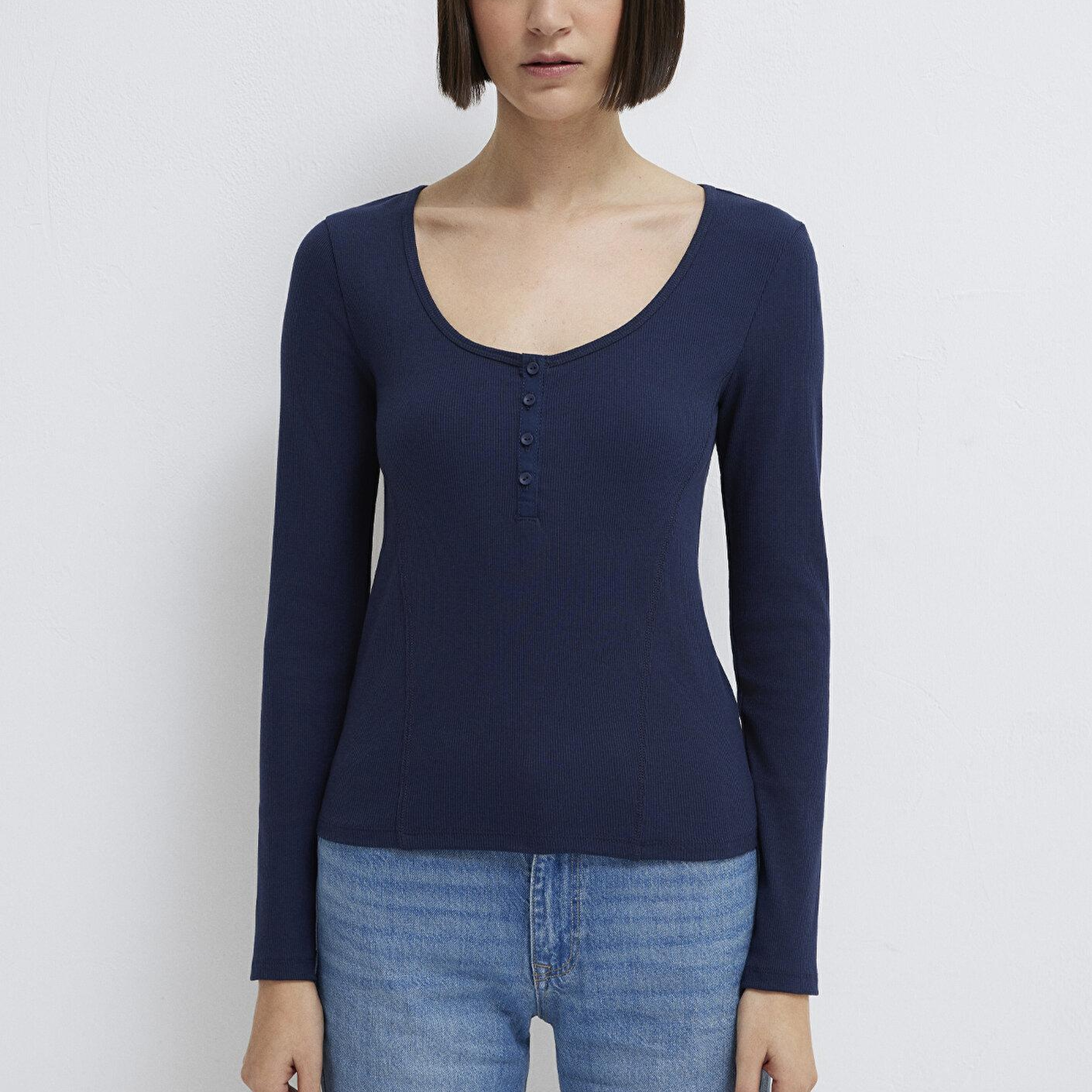 Mavi Uzun Kollu Lacivert Tişört Fitted / Vücuda Oturan Kesim 1613843-70497