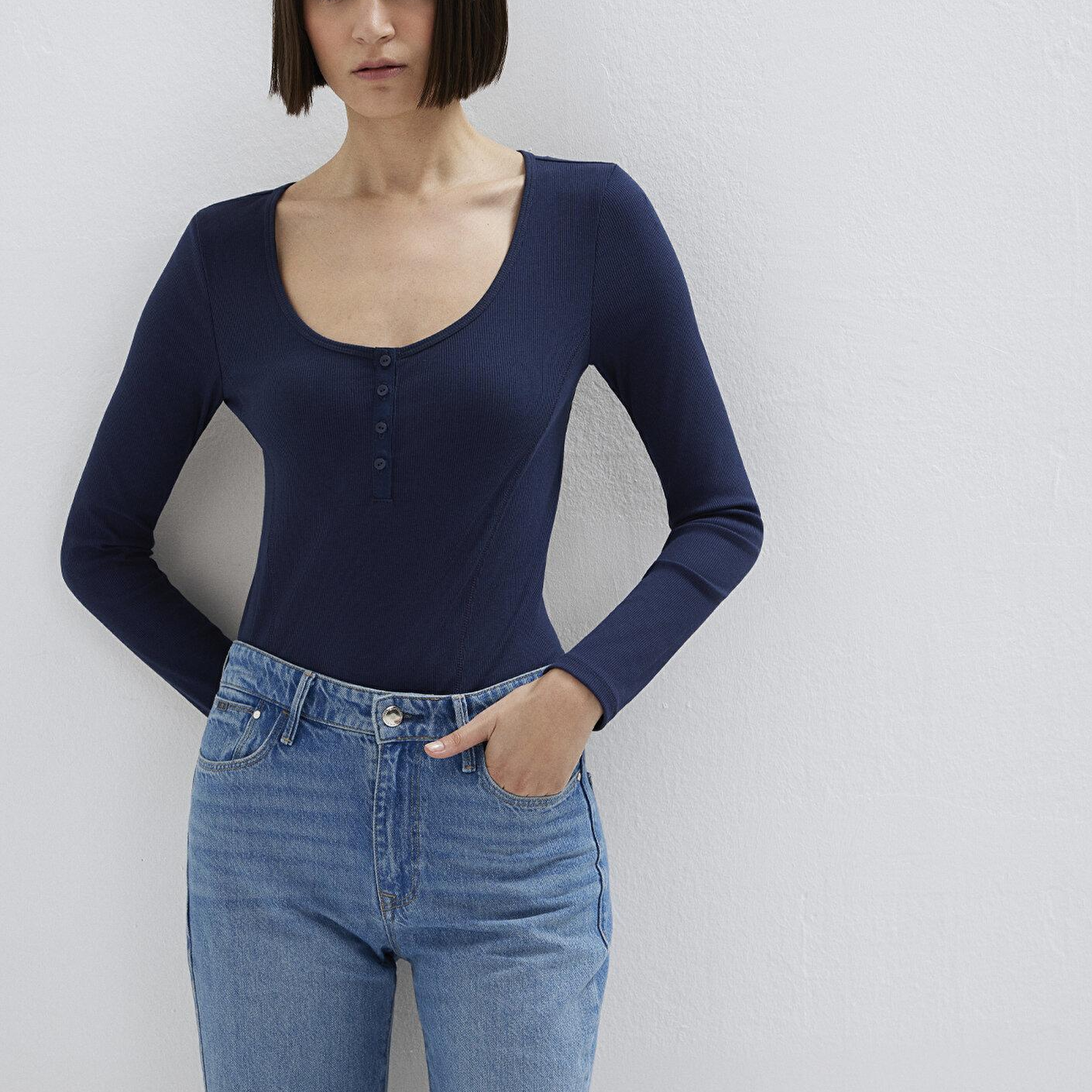 Mavi Uzun Kollu Lacivert Tişört Fitted / Vücuda Oturan Kesim 1613843-70497