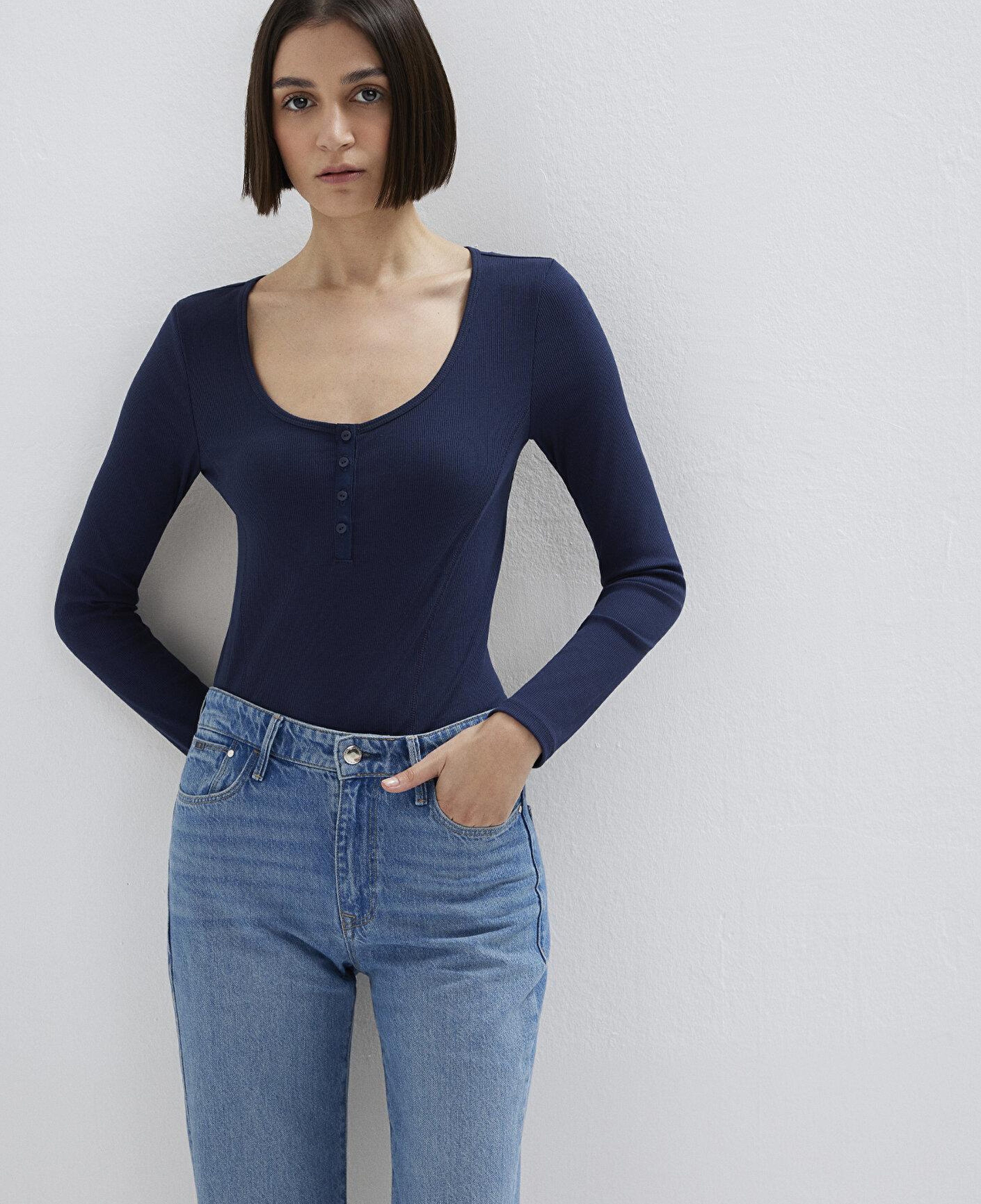 Mavi Uzun Kollu Lacivert Tişört Fitted / Vücuda Oturan Kesim 1613843-70497