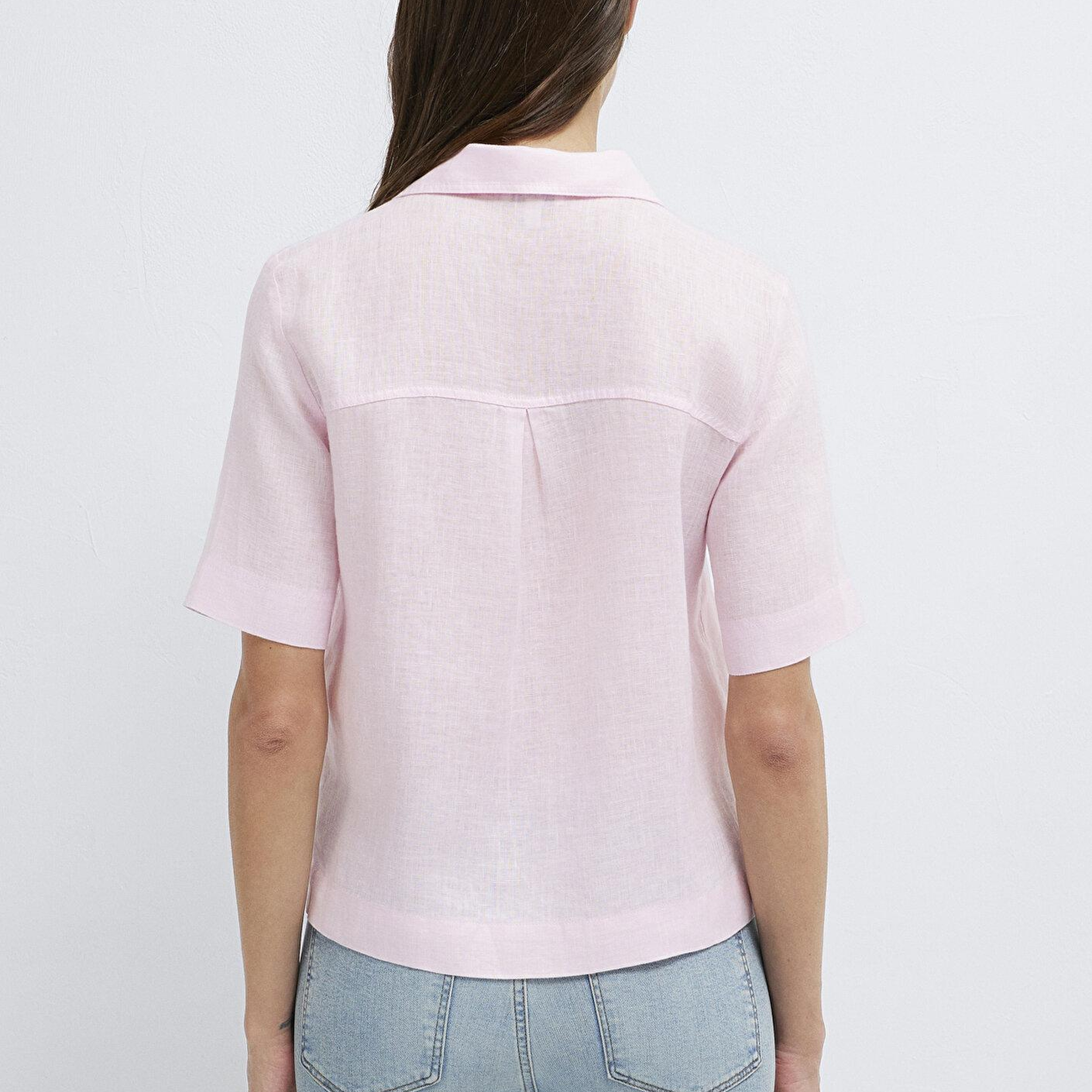 Mavi Cepli Pembe Keten Gömlek Slim Fit / Dar Kesim 1211466-90773