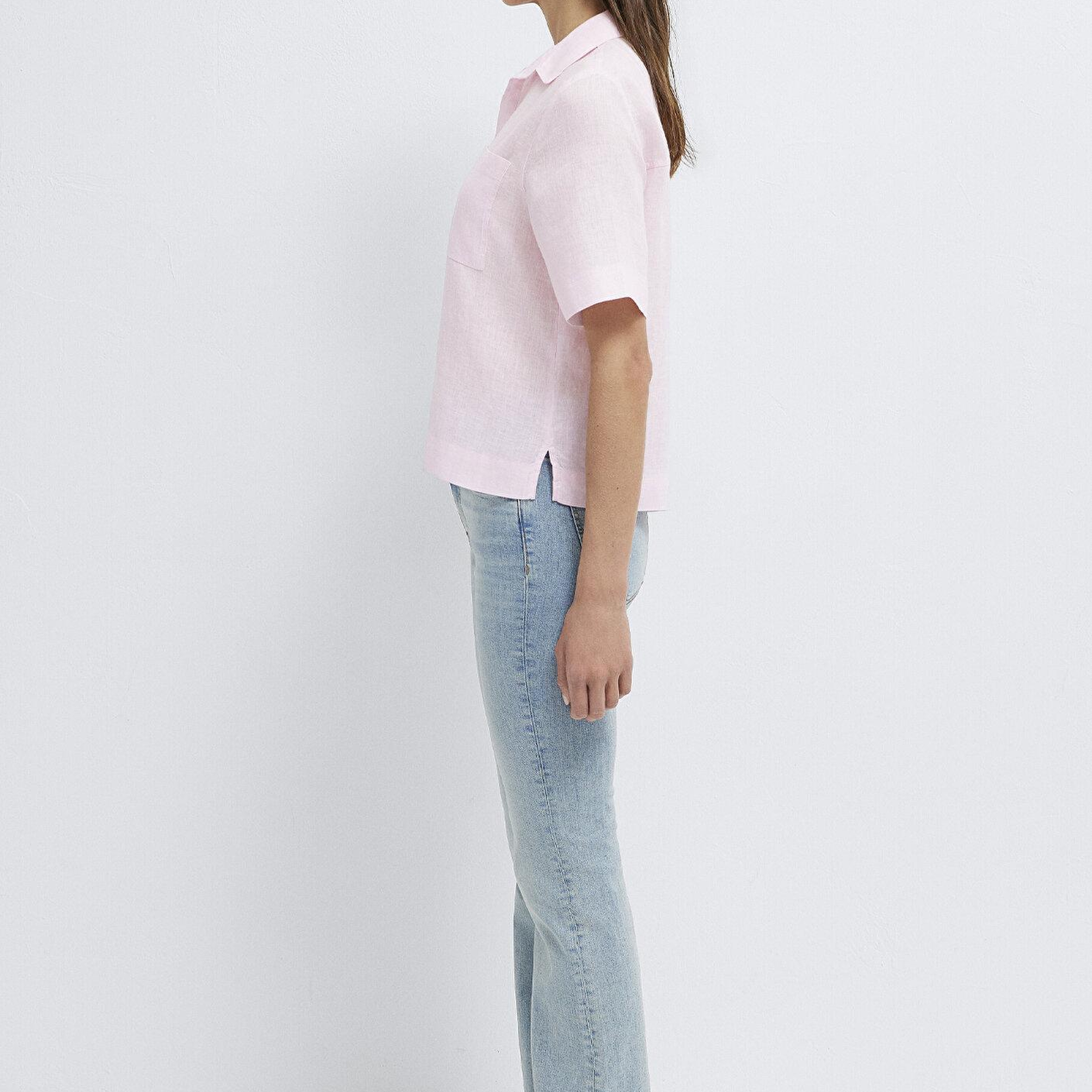 Mavi Cepli Pembe Keten Gömlek Slim Fit / Dar Kesim 1211466-90773