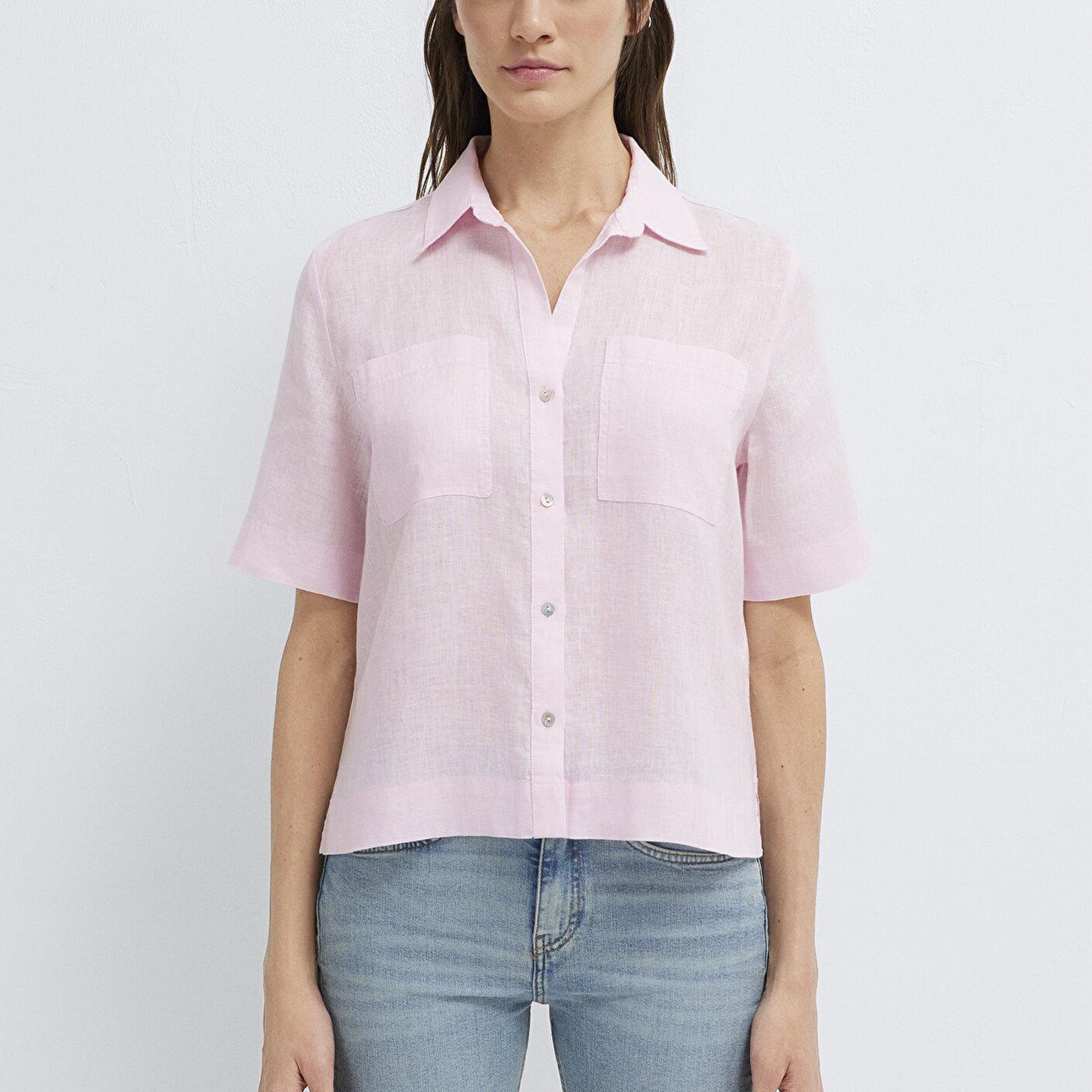 Mavi Cepli Pembe Keten Gömlek Slim Fit / Dar Kesim 1211466-90773