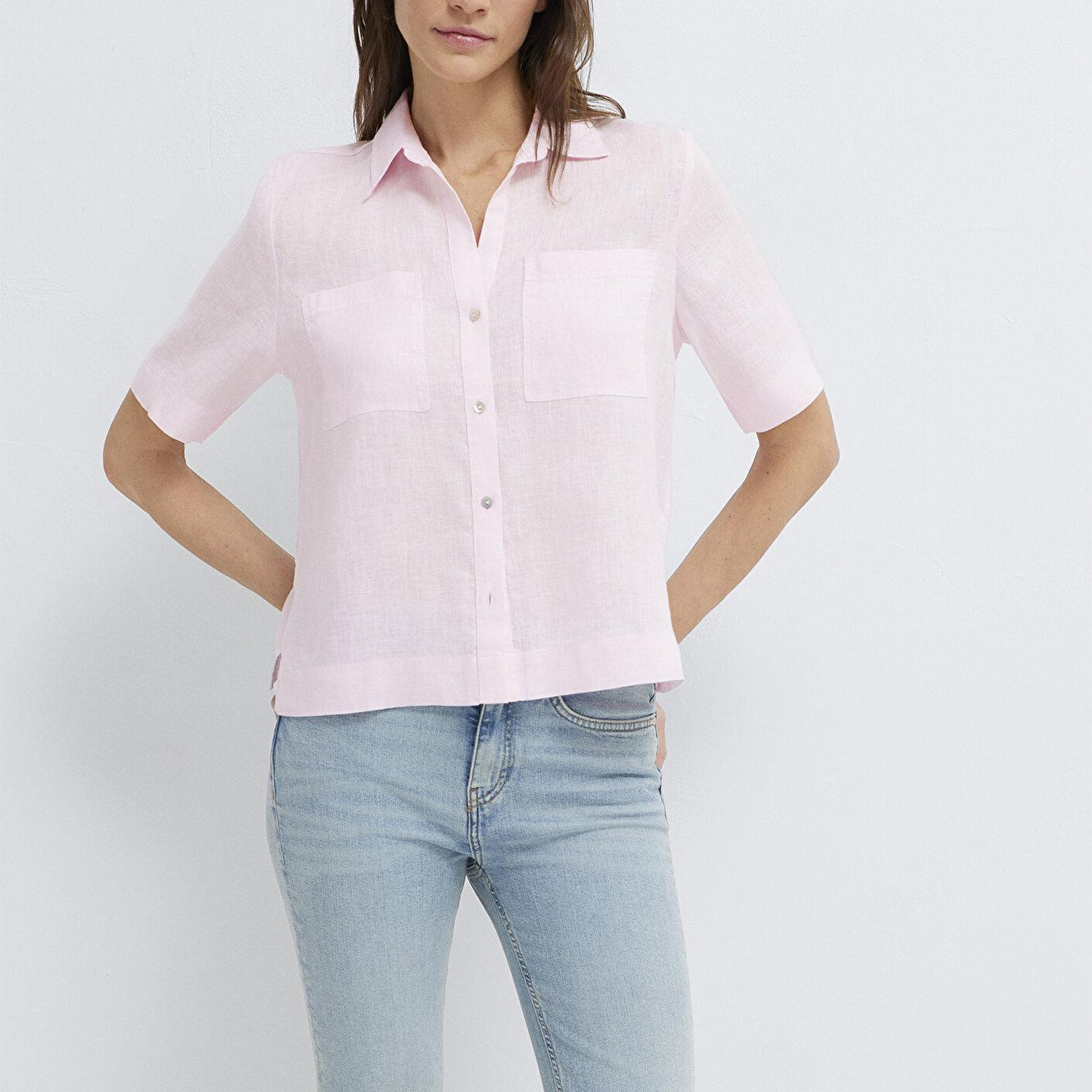 Mavi Cepli Pembe Keten Gömlek Slim Fit / Dar Kesim 1211466-90773
