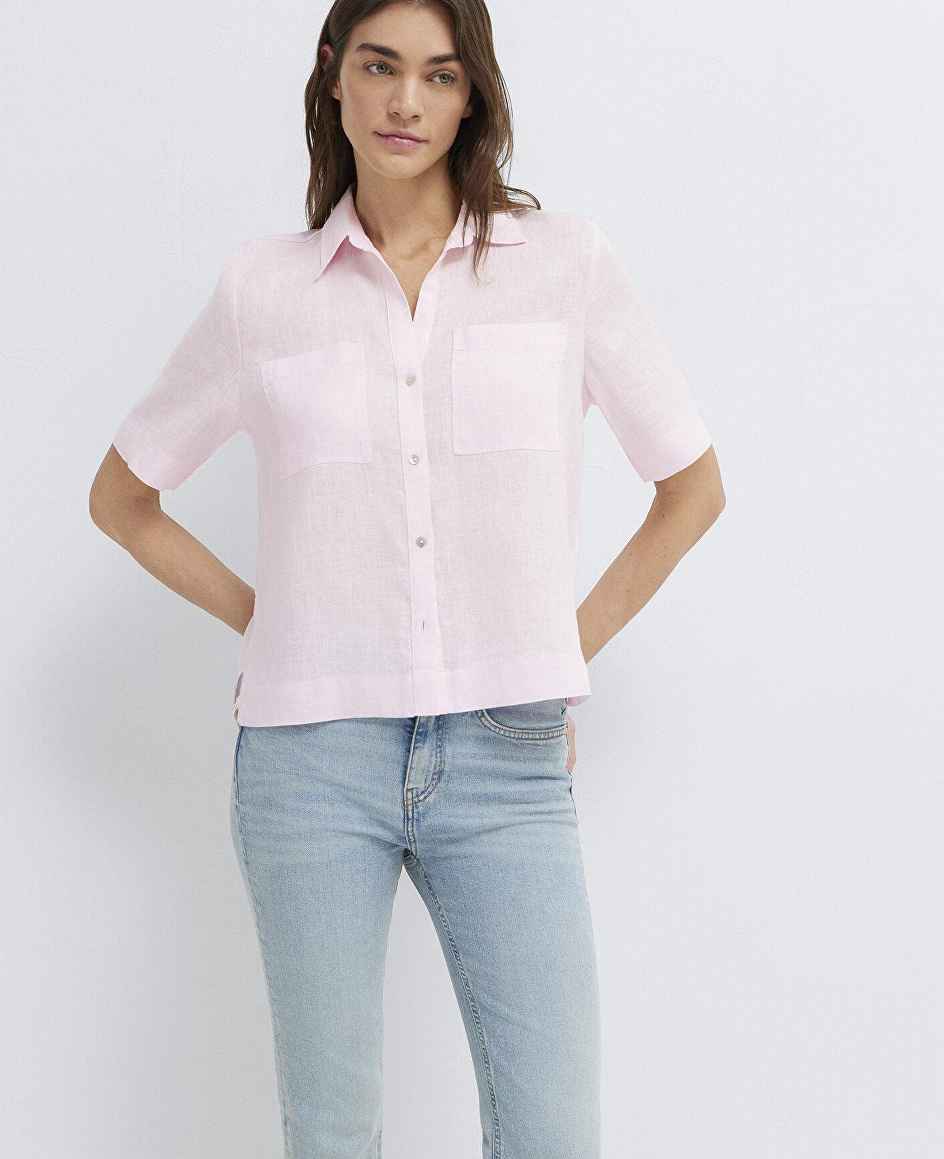 Mavi Cepli Pembe Keten Gömlek Slim Fit / Dar Kesim 1211466-90773