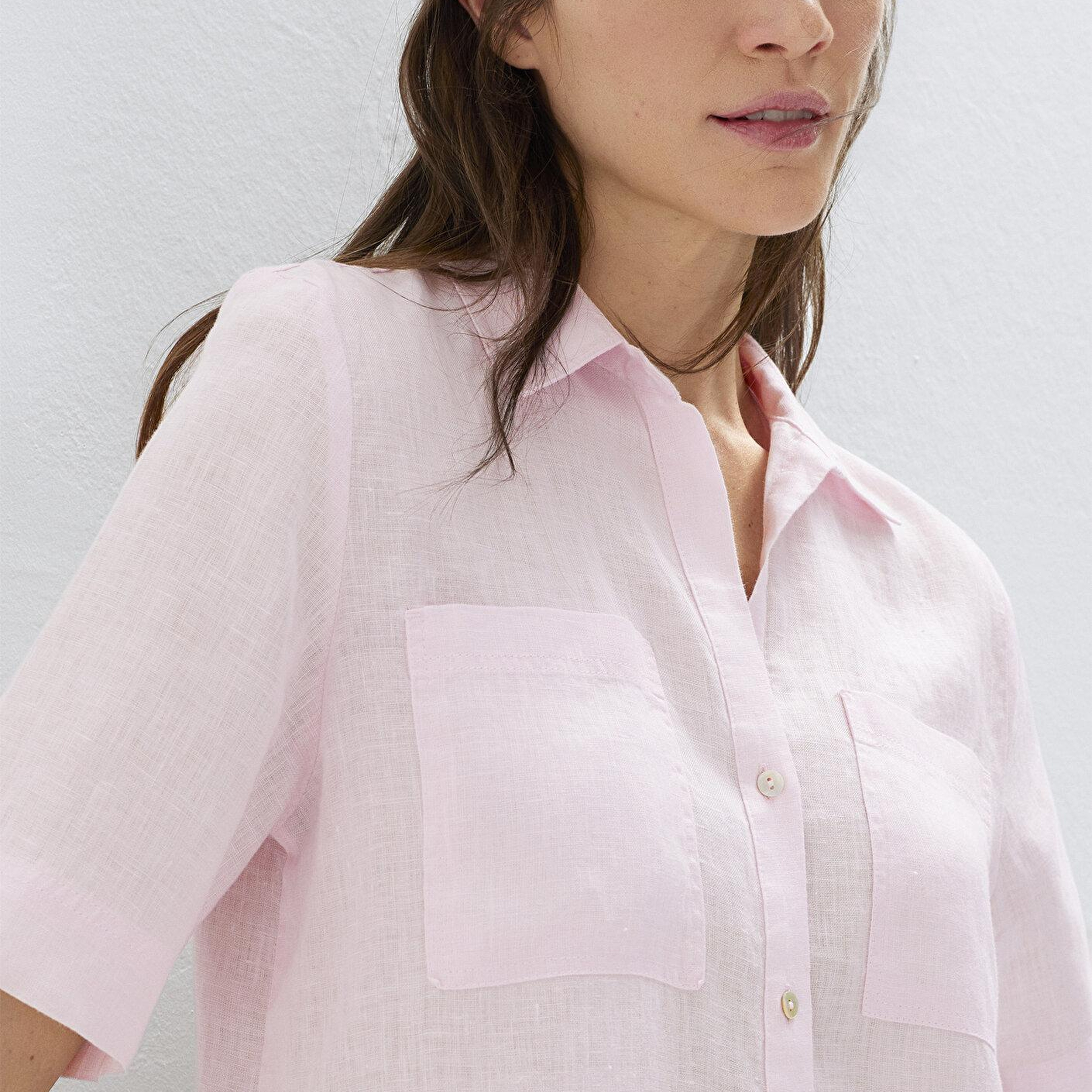 Mavi Cepli Pembe Keten Gömlek Slim Fit / Dar Kesim 1211466-90773