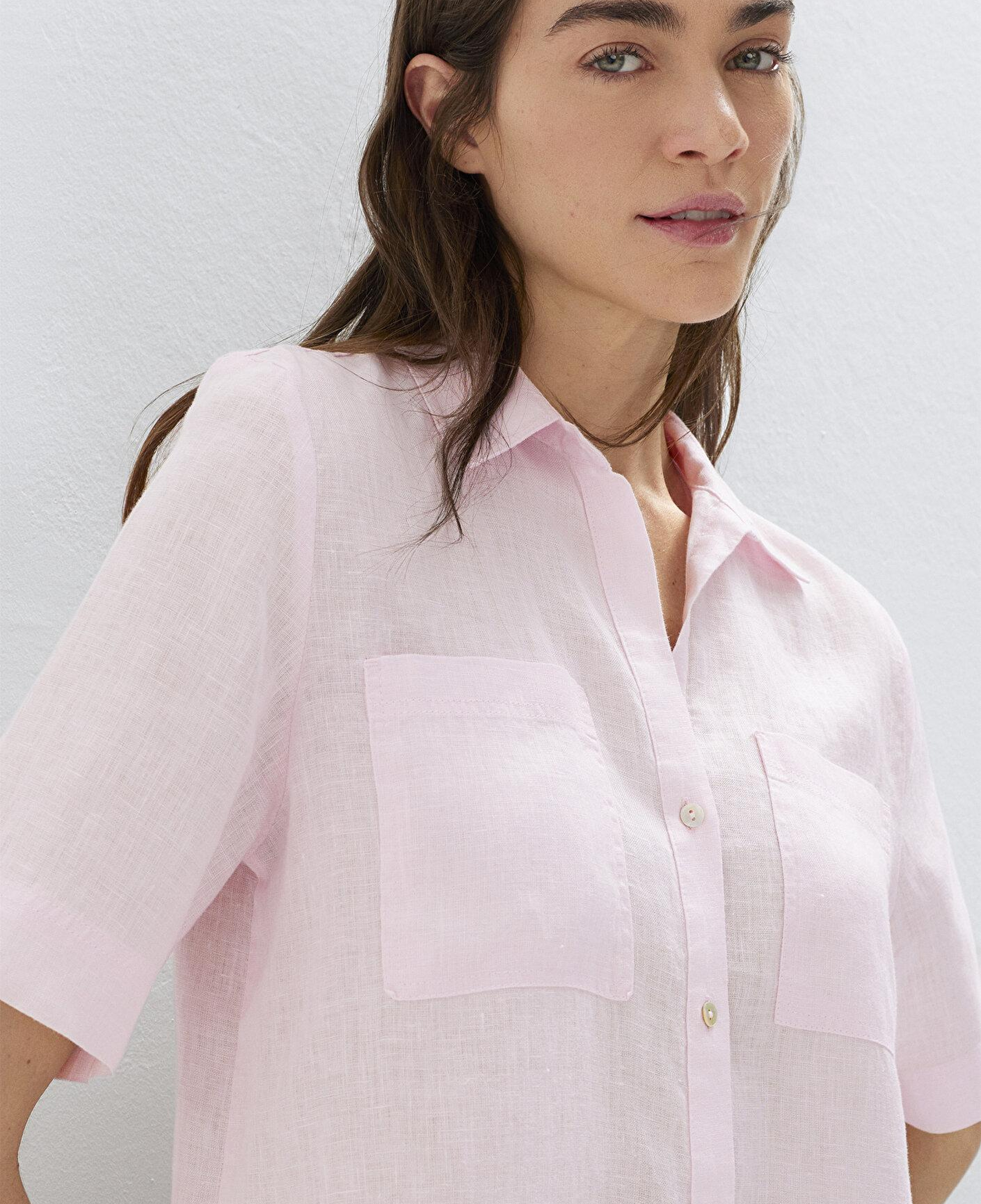 Mavi Cepli Pembe Keten Gömlek Slim Fit / Dar Kesim 1211466-90773