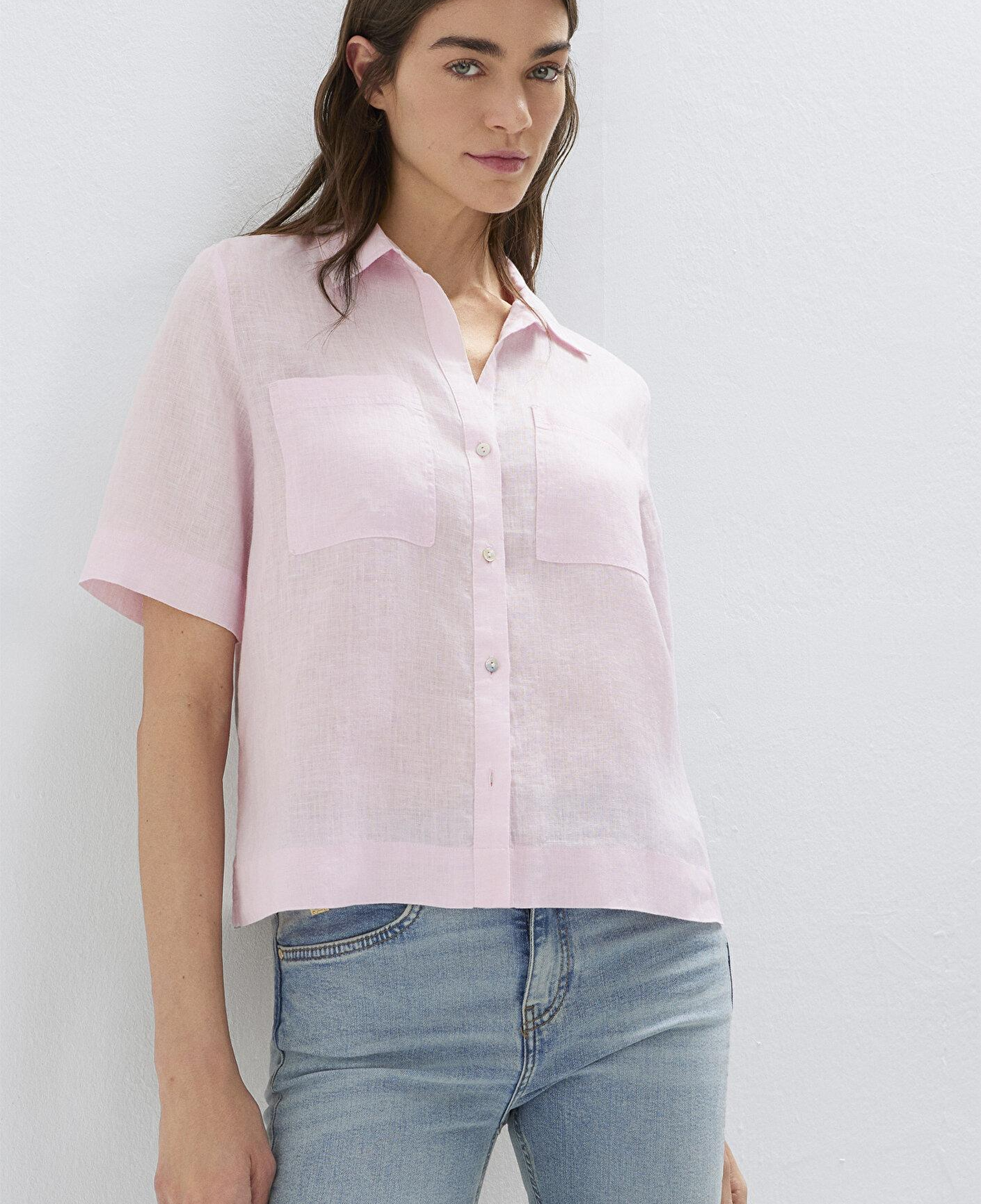 Mavi Cepli Pembe Keten Gömlek Slim Fit / Dar Kesim 1211466-90773