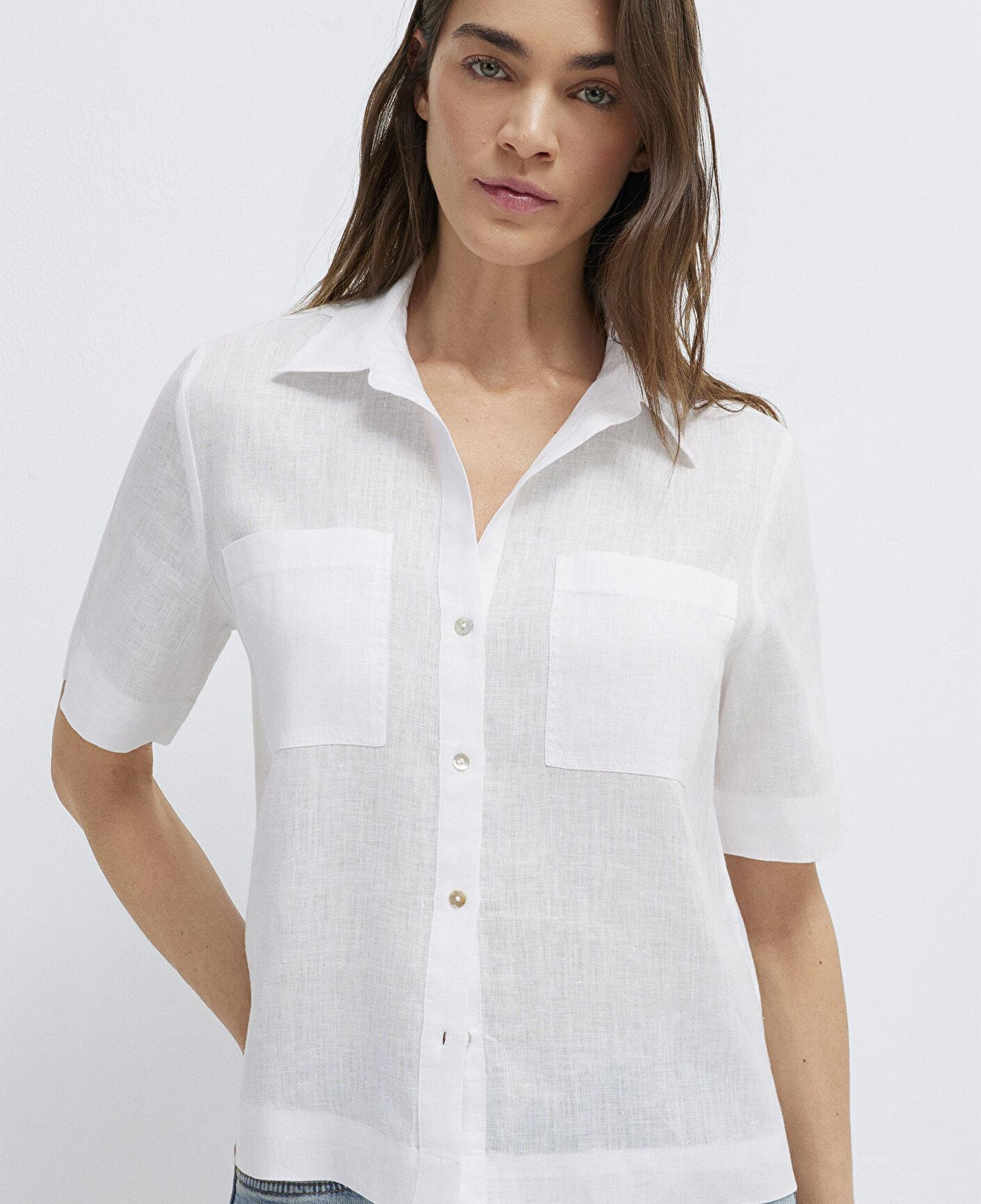 Mavi Cepli Beyaz Keten Gömlek Slim Fit / Dar Kesim 1211466-620