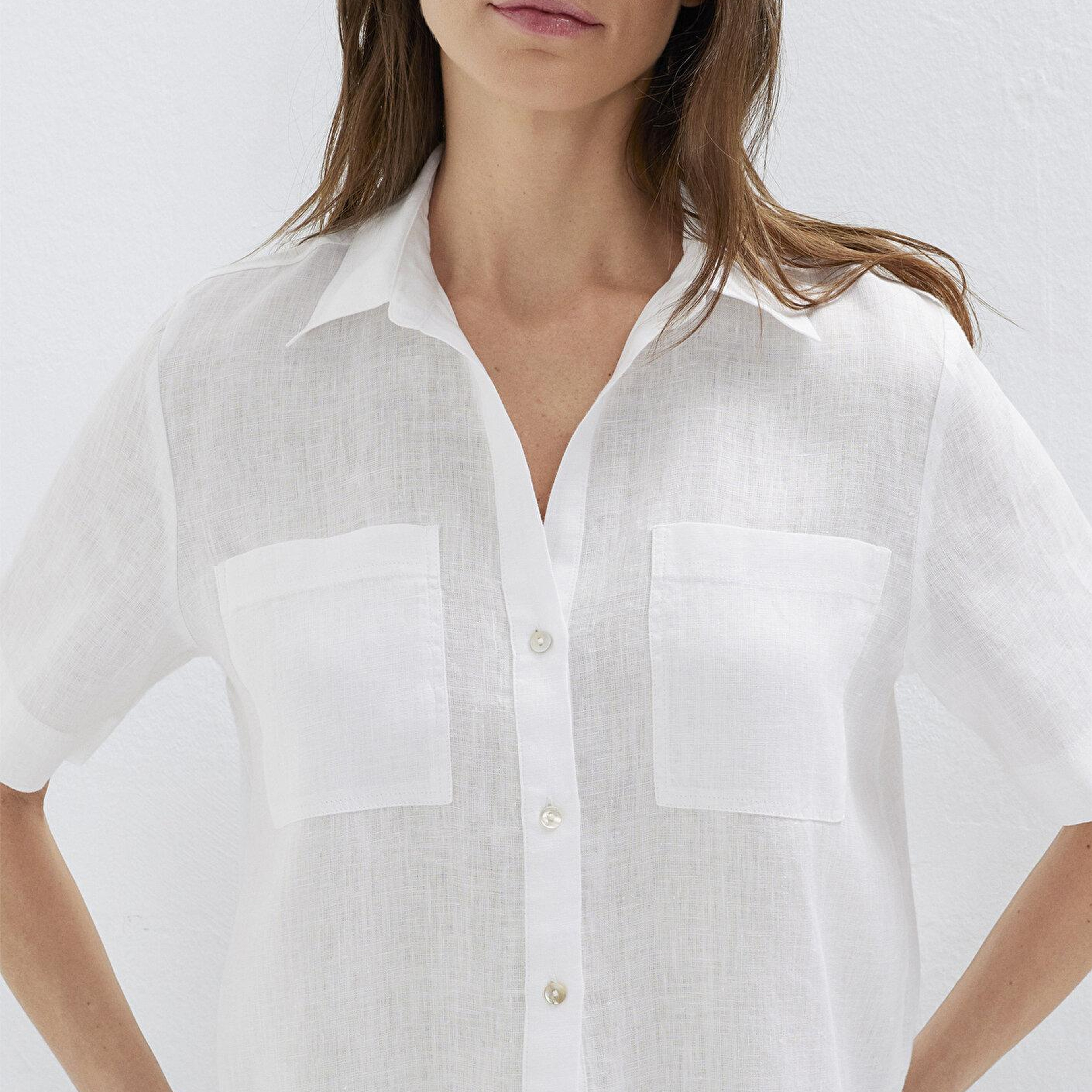 Mavi Cepli Beyaz Keten Gömlek Slim Fit / Dar Kesim 1211466-620