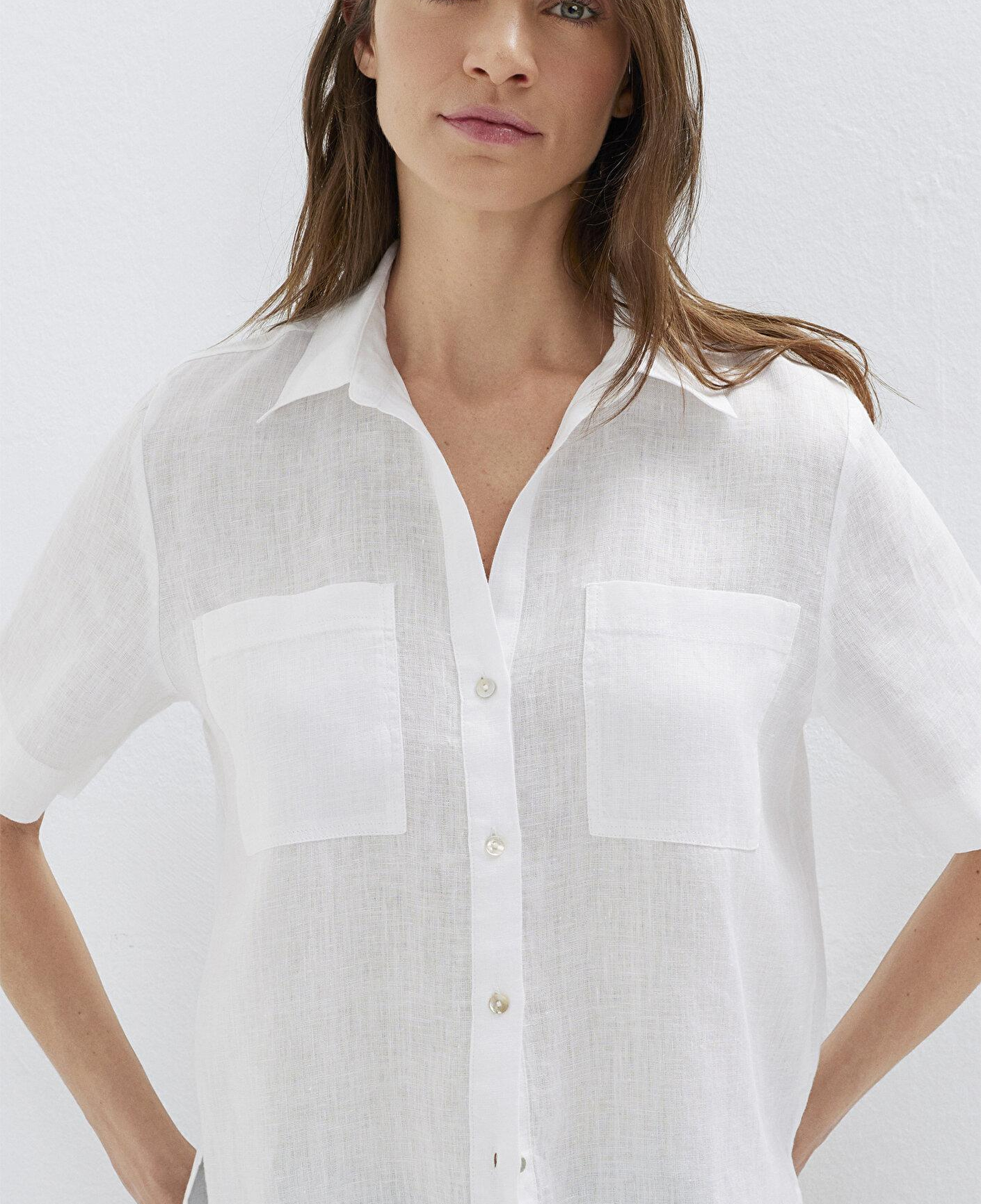 Mavi Cepli Beyaz Keten Gömlek Slim Fit / Dar Kesim 1211466-620