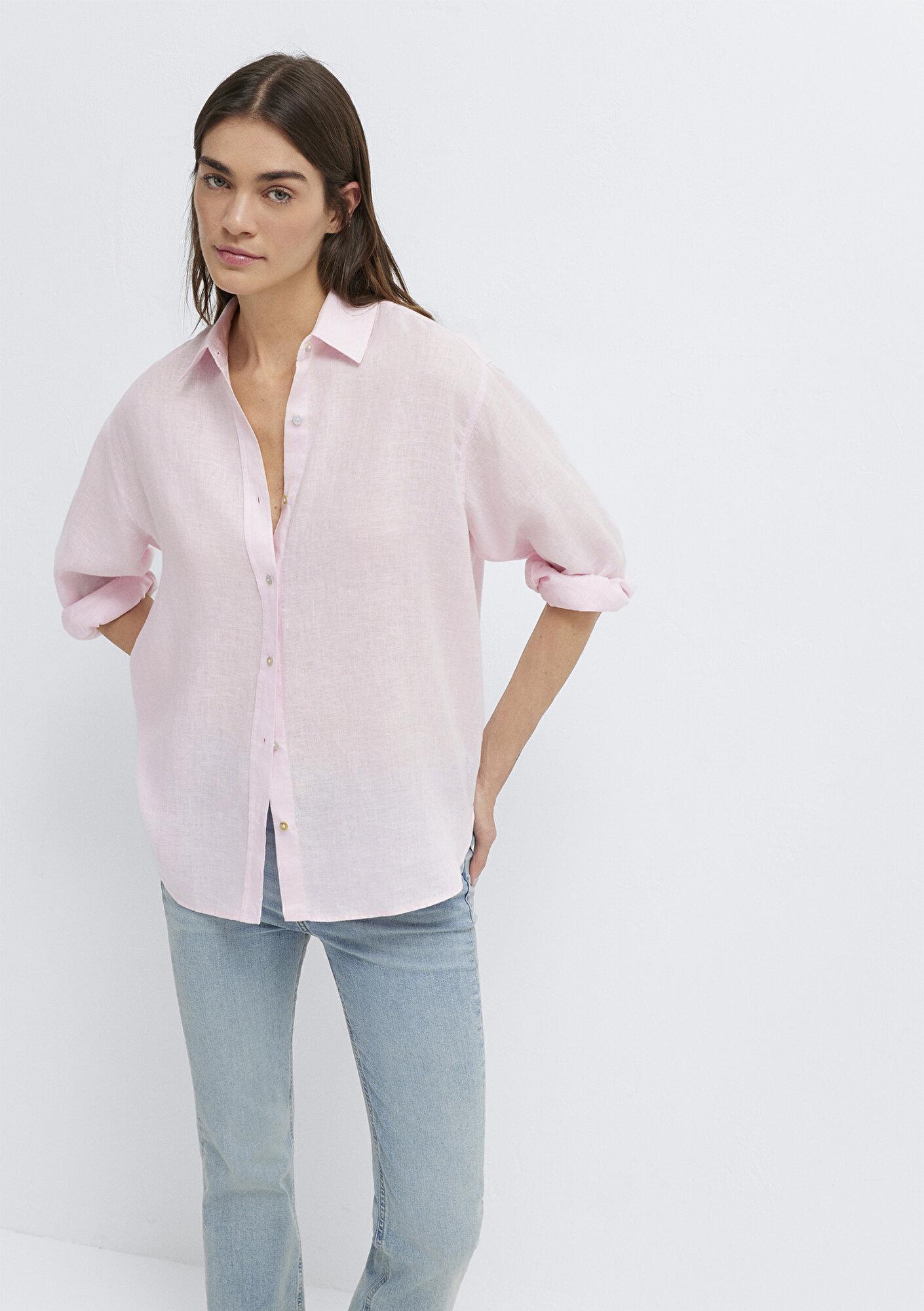 Mavi Pembe Keten Gömlek Loose Fit / Bol Rahat Kesim 1210747-90773