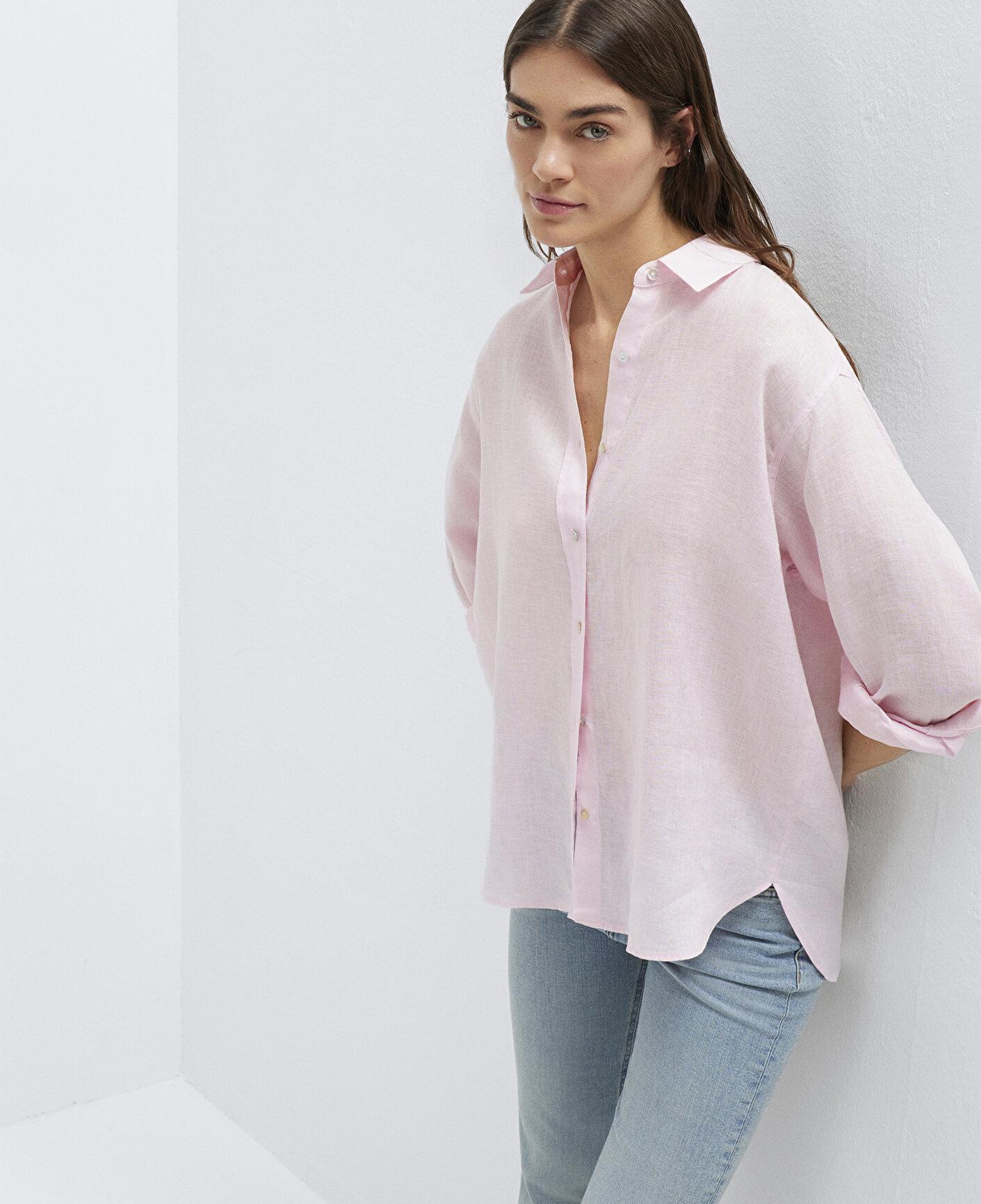Mavi Pembe Keten Gömlek Loose Fit / Bol Rahat Kesim 1210747-90773