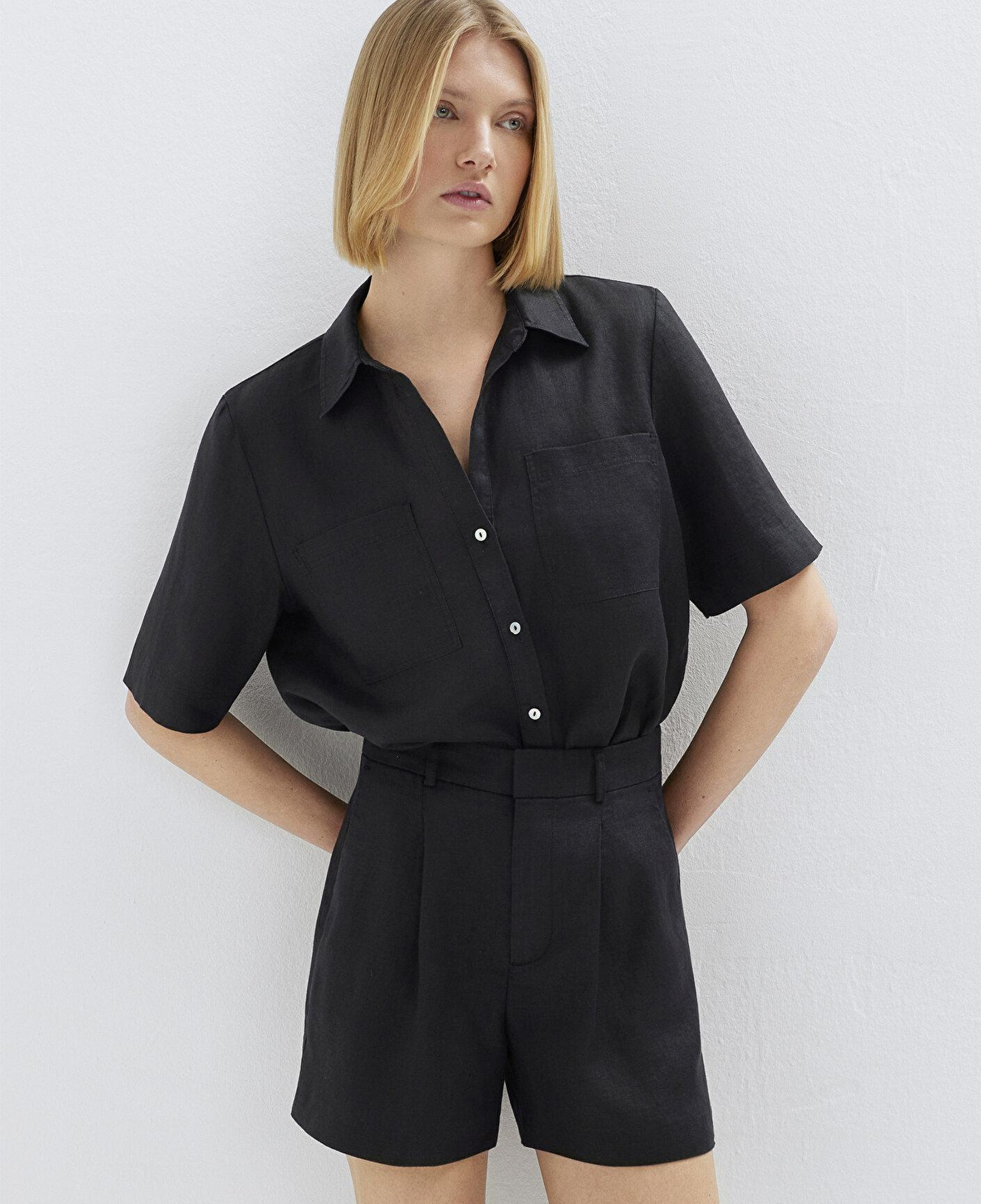 Mavi Cepli Siyah Keten Gömlek Slim Fit / Dar Kesim 1211466-900